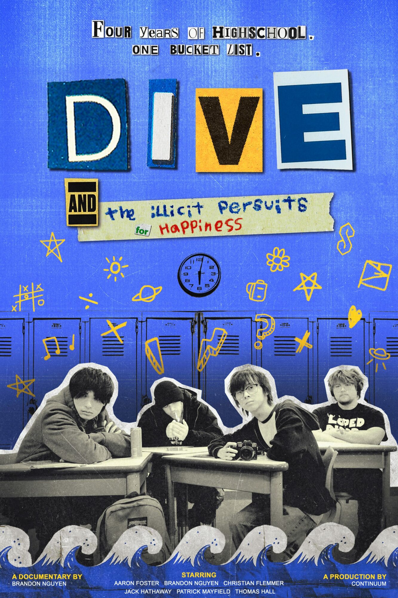 Four students sit at desks with books and papers, with colorful doodles and text on a blue background above them.