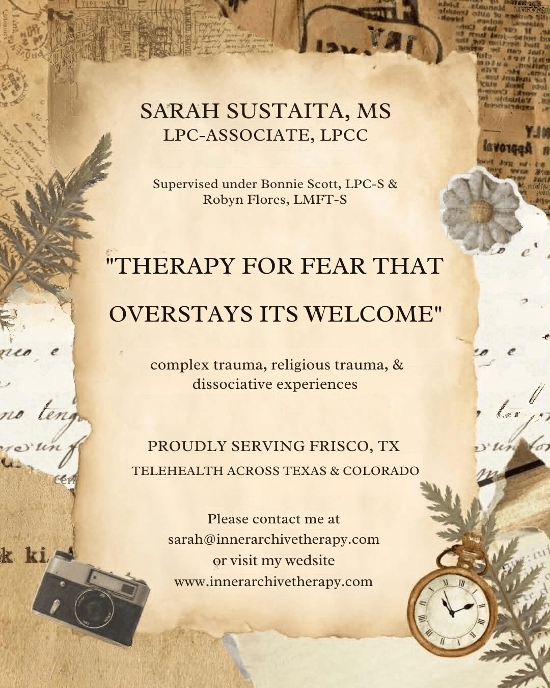 A printed flyer with text about therapy, contact information, and decorative elements including a camera, clock, and flowers.