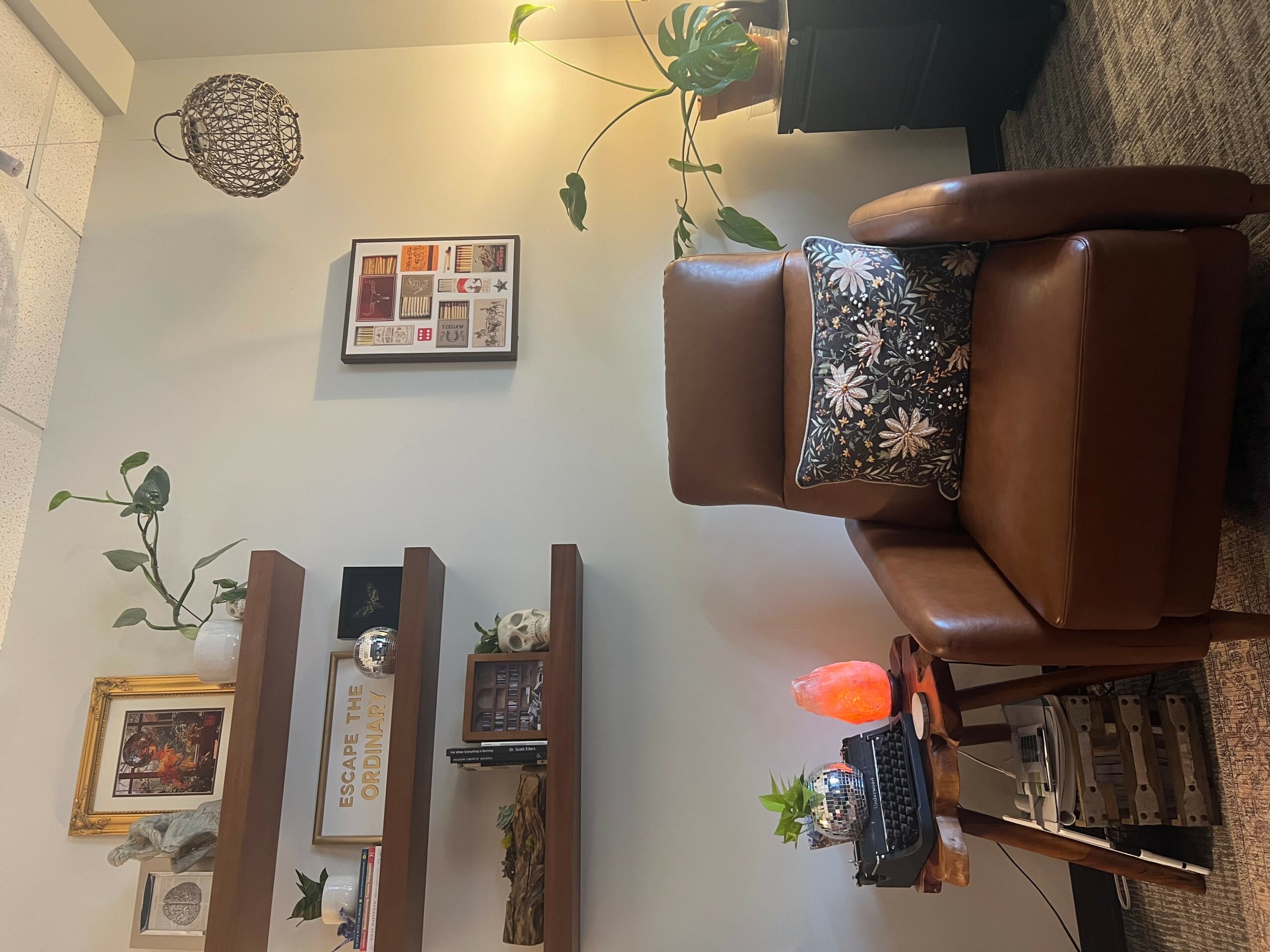Living room with brown leather armchair, decorative pillow, wall art, shelves with plants and books, and a side table with a lamp.