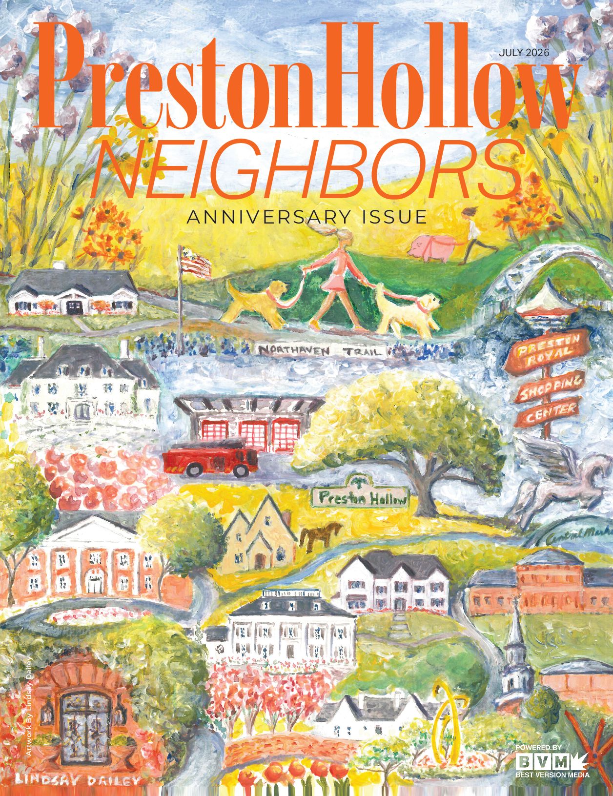Colorful illustrated cover of Preston Hollow neighbors anniversary issue with houses, trees, and a person walking a dog.