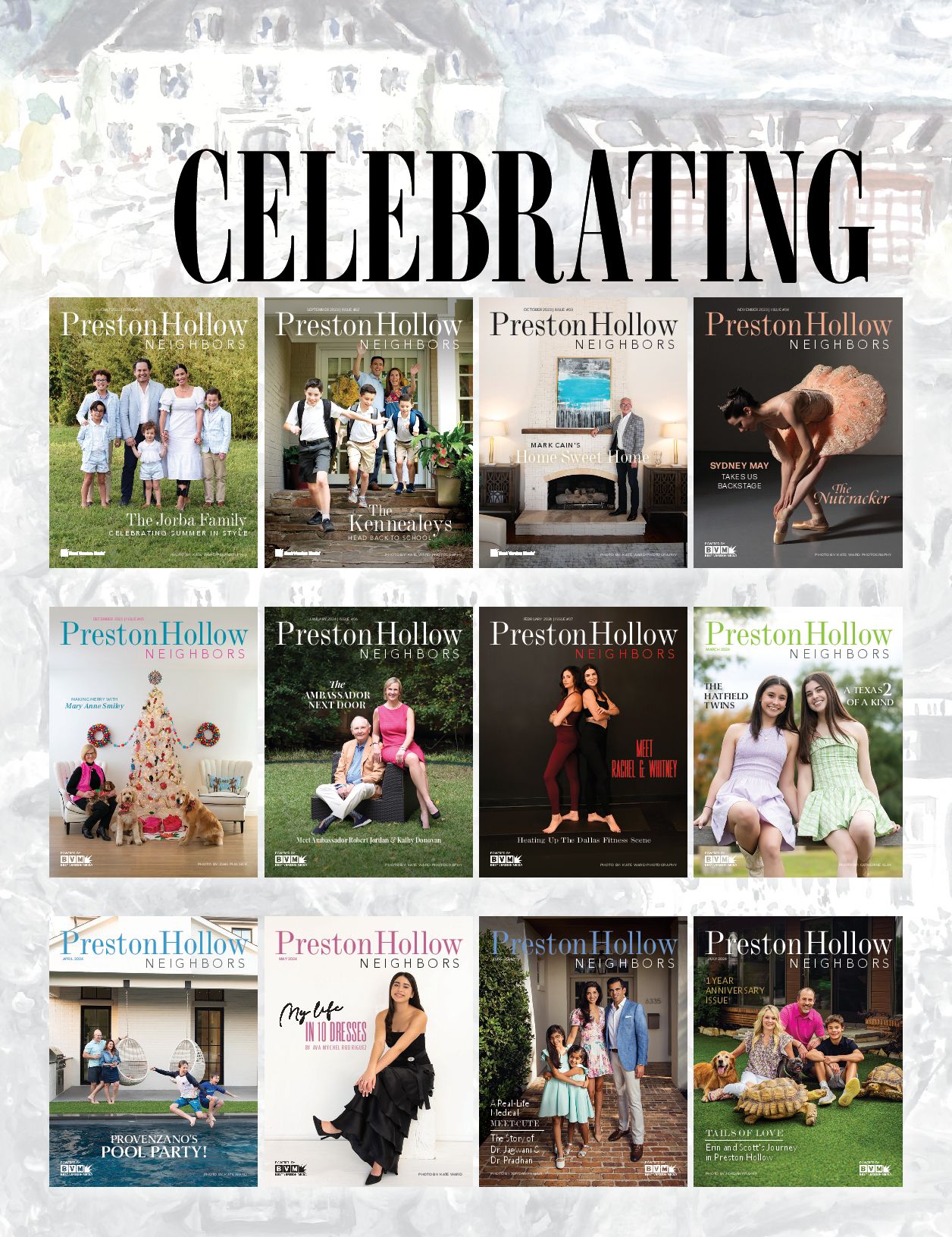 Collage of magazine covers with people, buildings, and objects, and the word 'CELEBRATING' at the top.