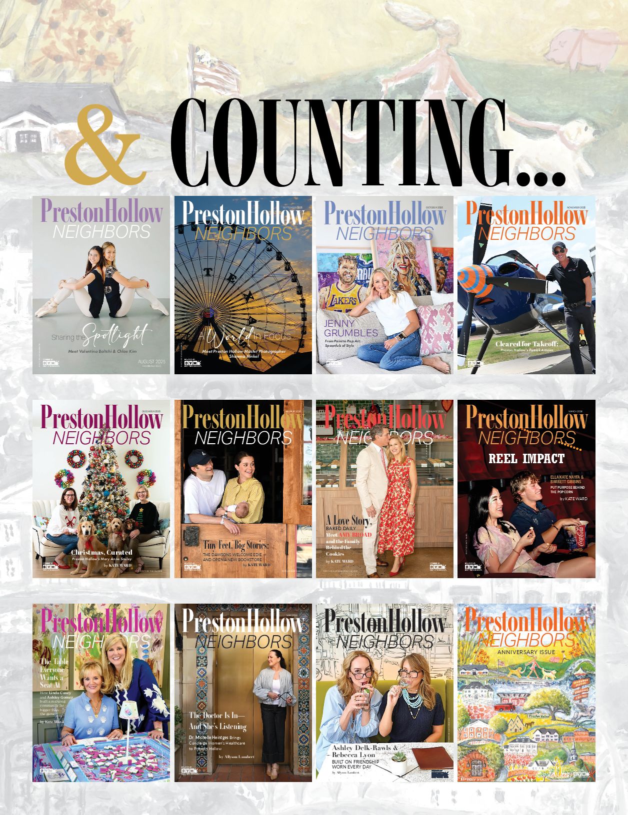 Collection of magazine covers featuring people, outdoor scenes, and community events, with titles including 'Presstollow' and 'Neighbors'.