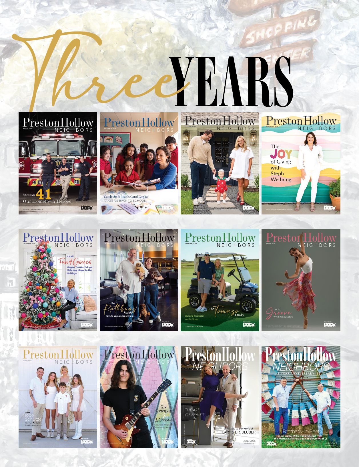 Collage of magazine covers celebrating three years, featuring people, holiday decorations, and activities.