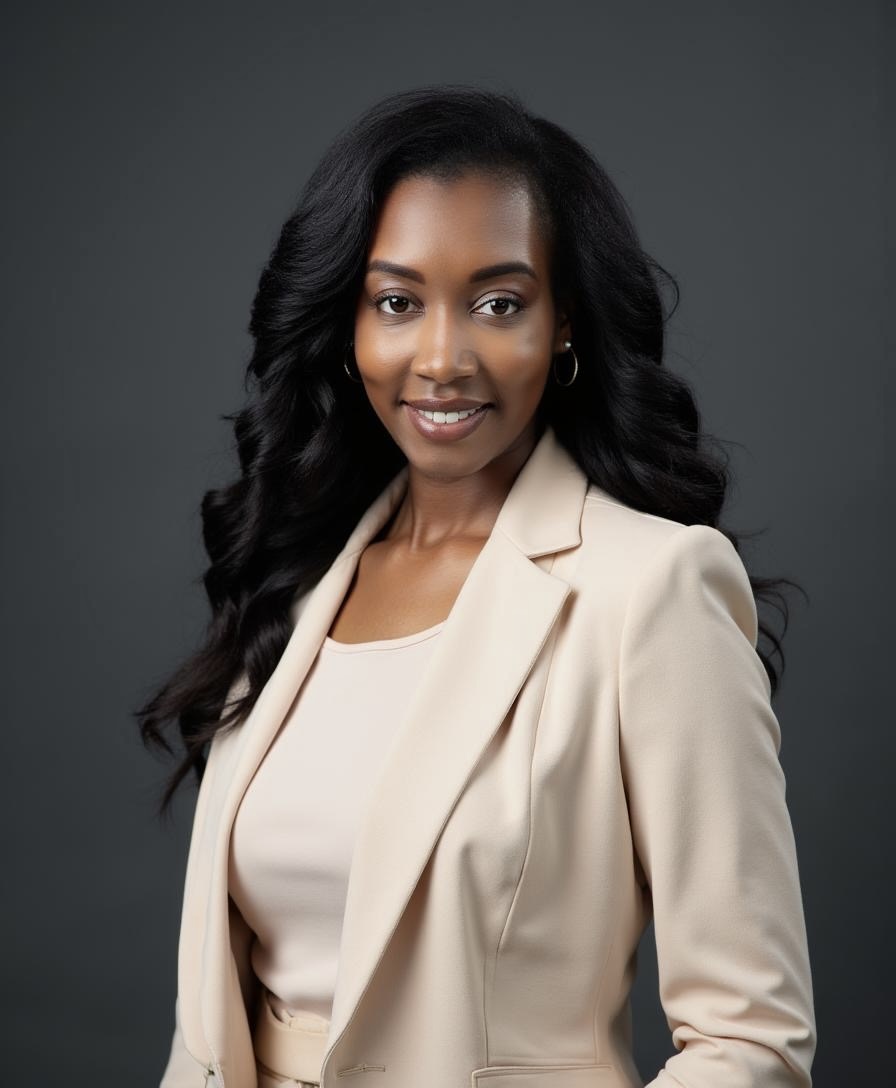 Portrait of a woman with long, wavy black hair wearing a beige blazer and top, smiling against a dark background.