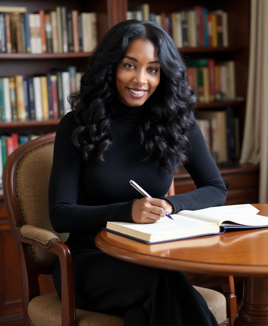 Woman with long curly hair sitting at a table with open books, smiling, in a library setting.