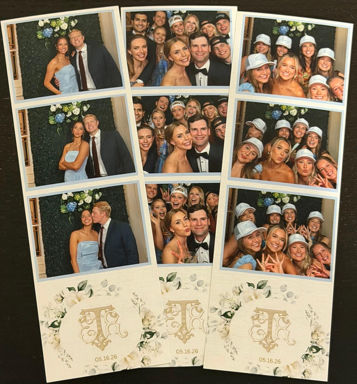 Two photo strips with groups of people, some wearing hats, and decorative floral designs at the bottom, date 05.16.26.