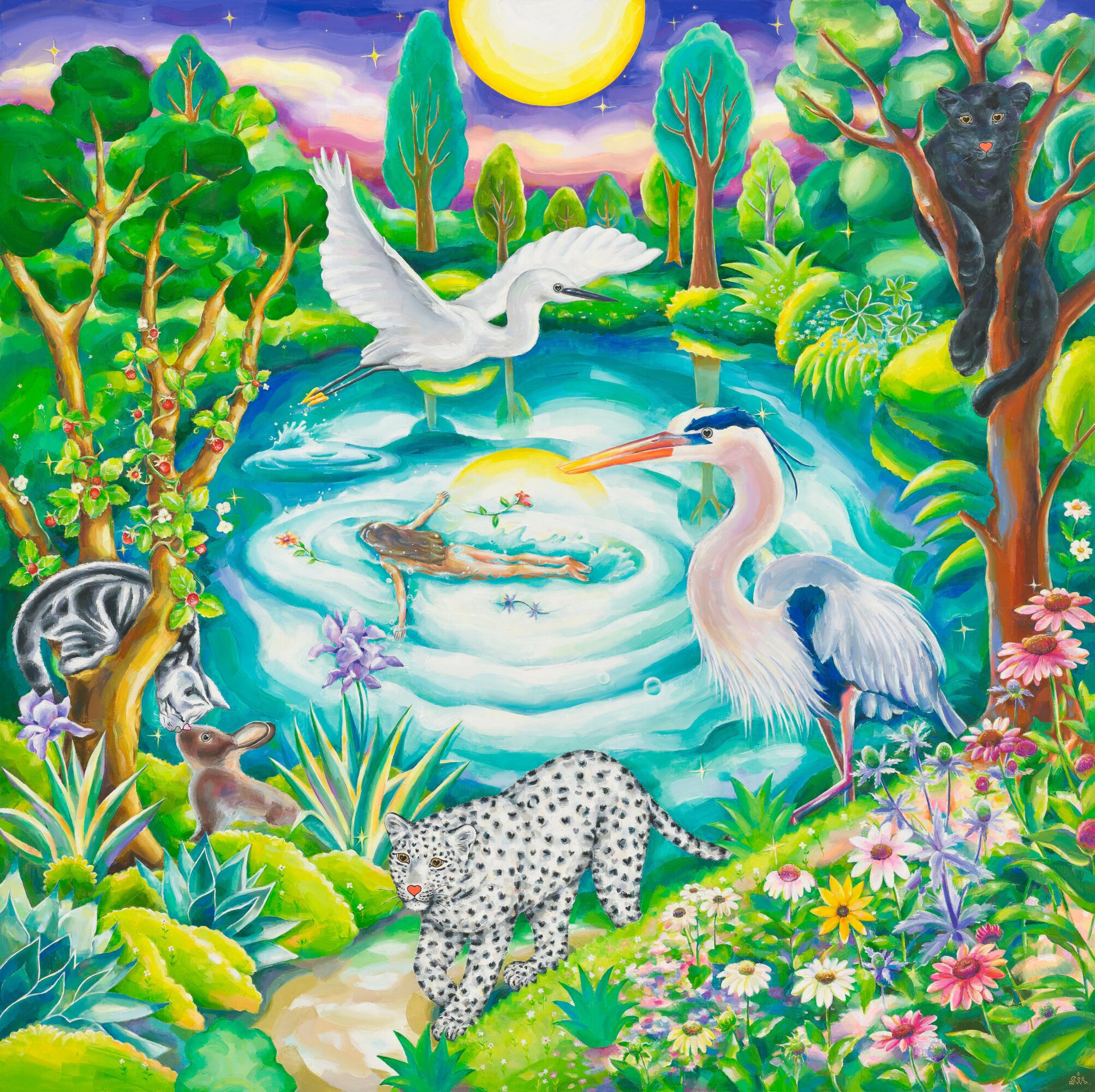 Colorful jungle scene with a pond, white bird, leopard, and lush trees under a bright sun.