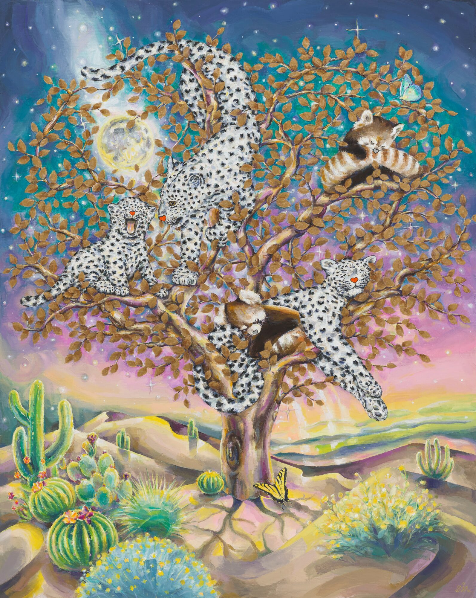 A tree with leopards resting on branches, surrounded by desert plants and a colorful sky with a bright moon.