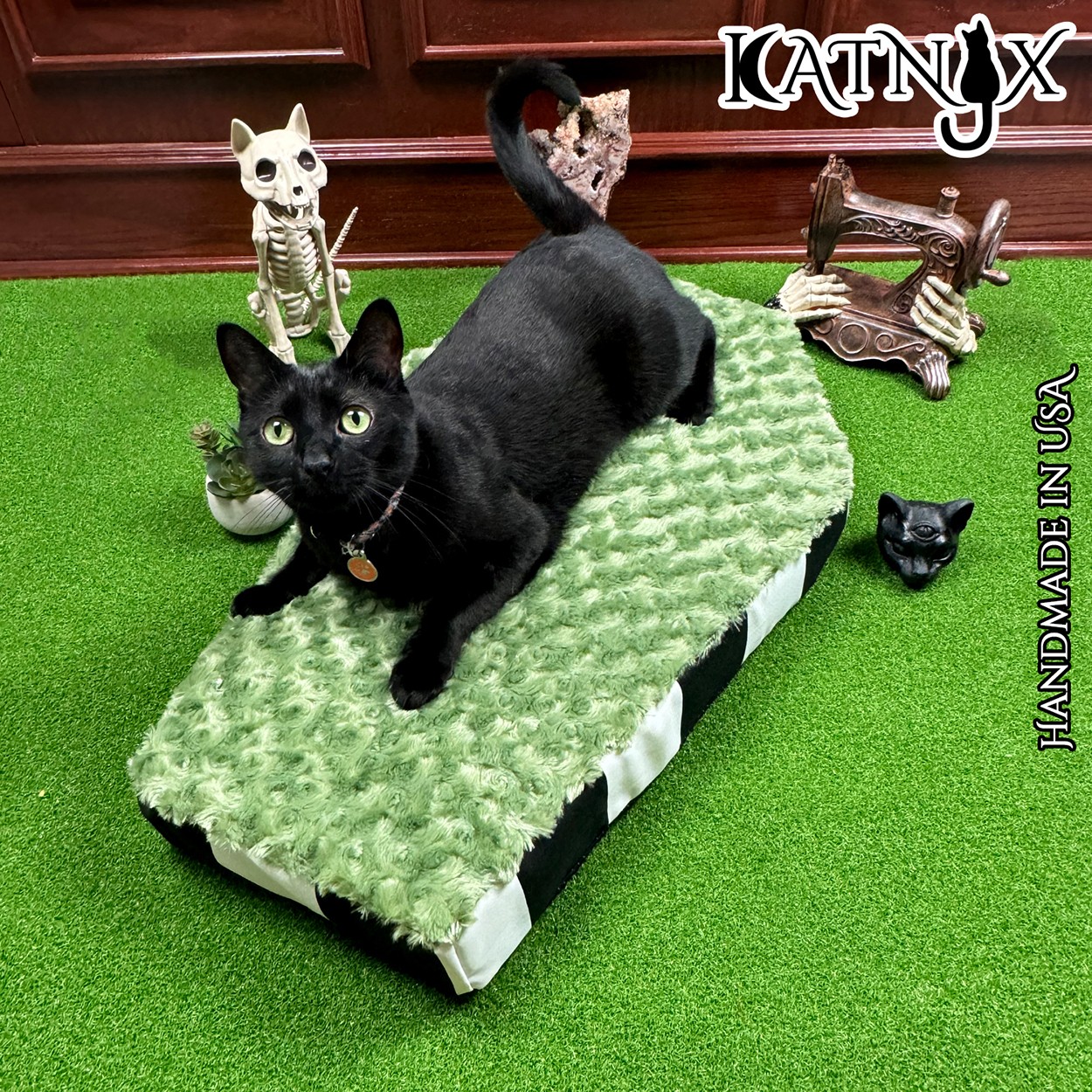 Black cat lying on a green plush platform with decorative skeletons and a small black object nearby, on a green carpeted surface.