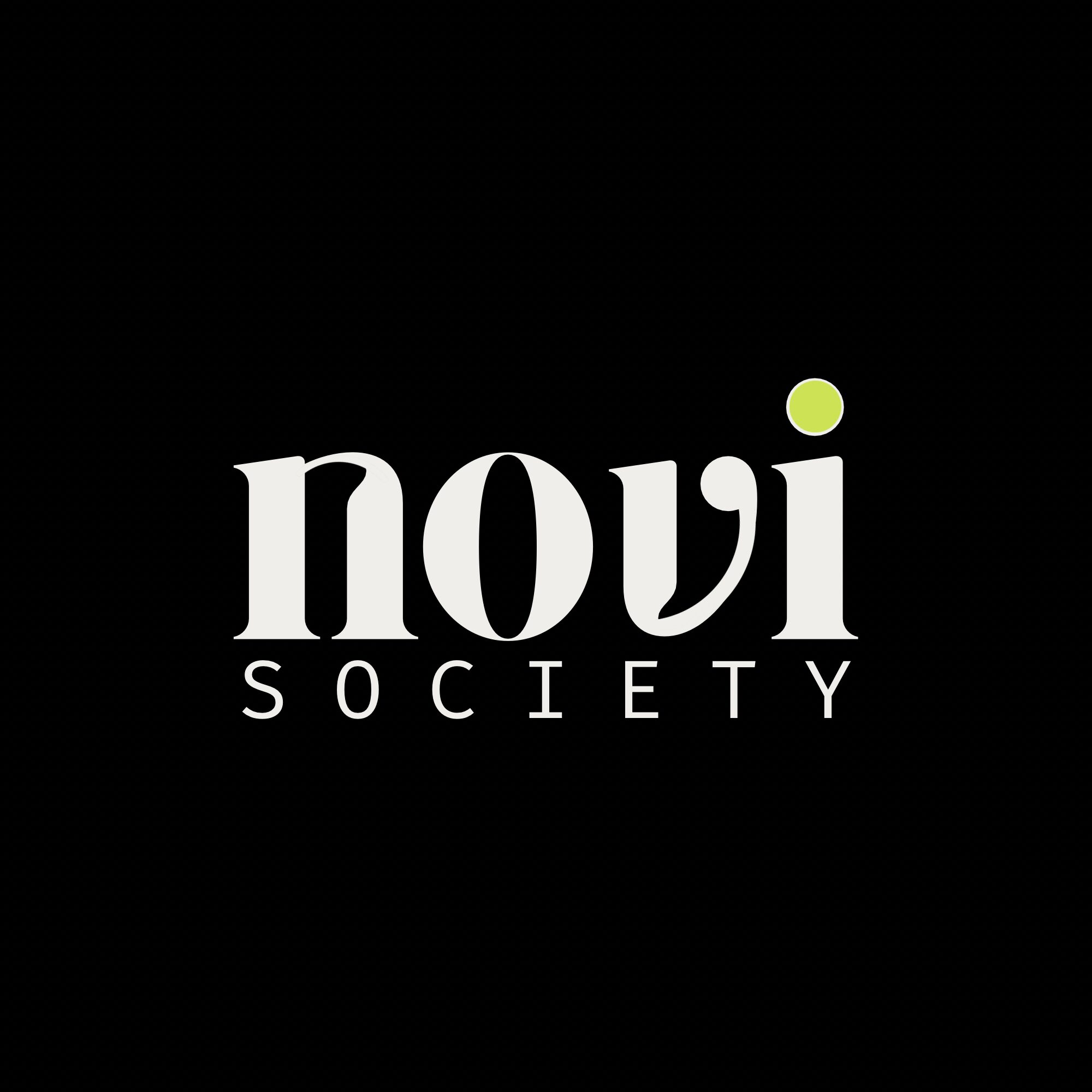 Black background with white text reading 'novi SOCIETY' and a small green dot above the 'i'.