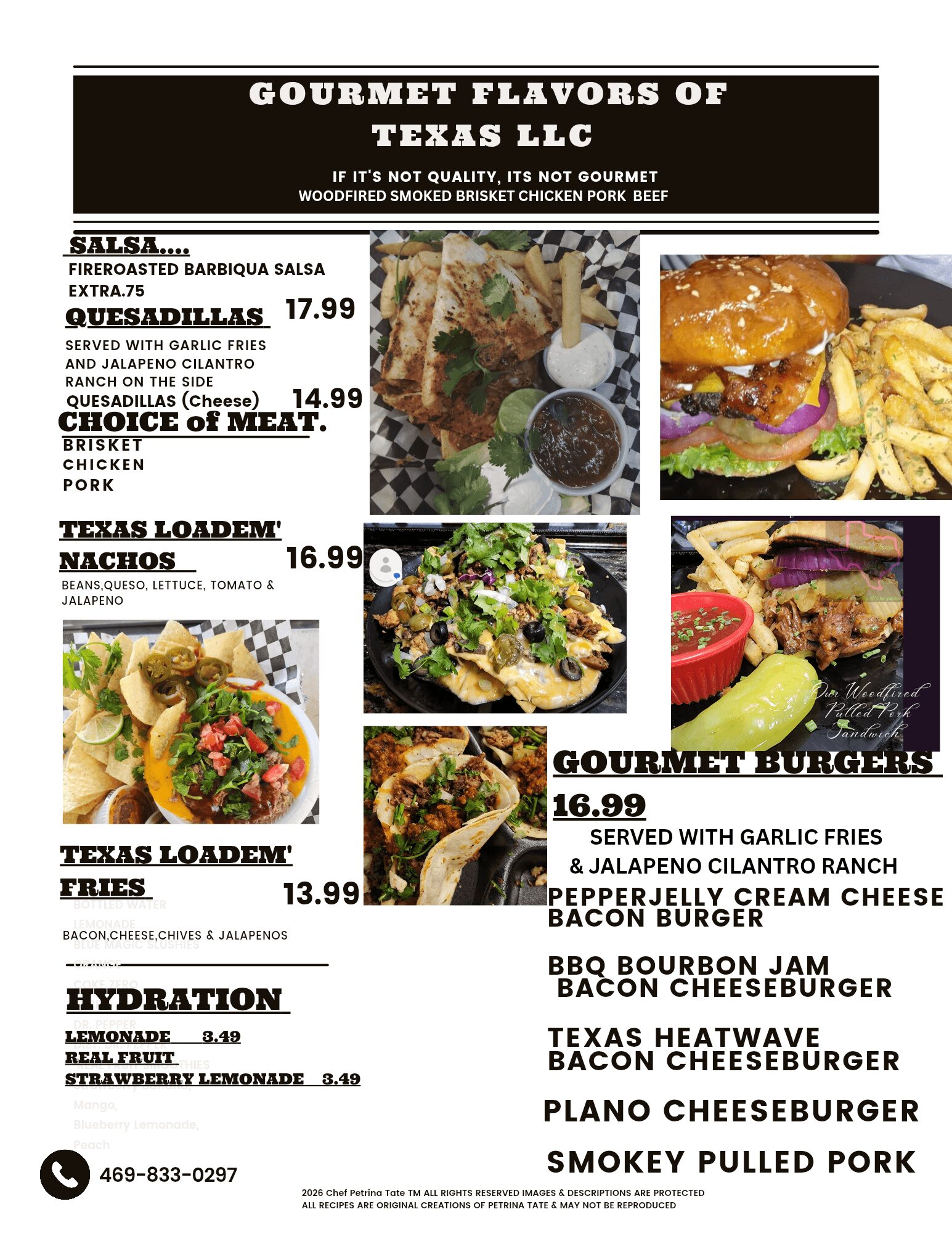 Menu with gourmet flavors of Texas, including salads, nachos, fries, burgers, and pork dishes, with prices listed.