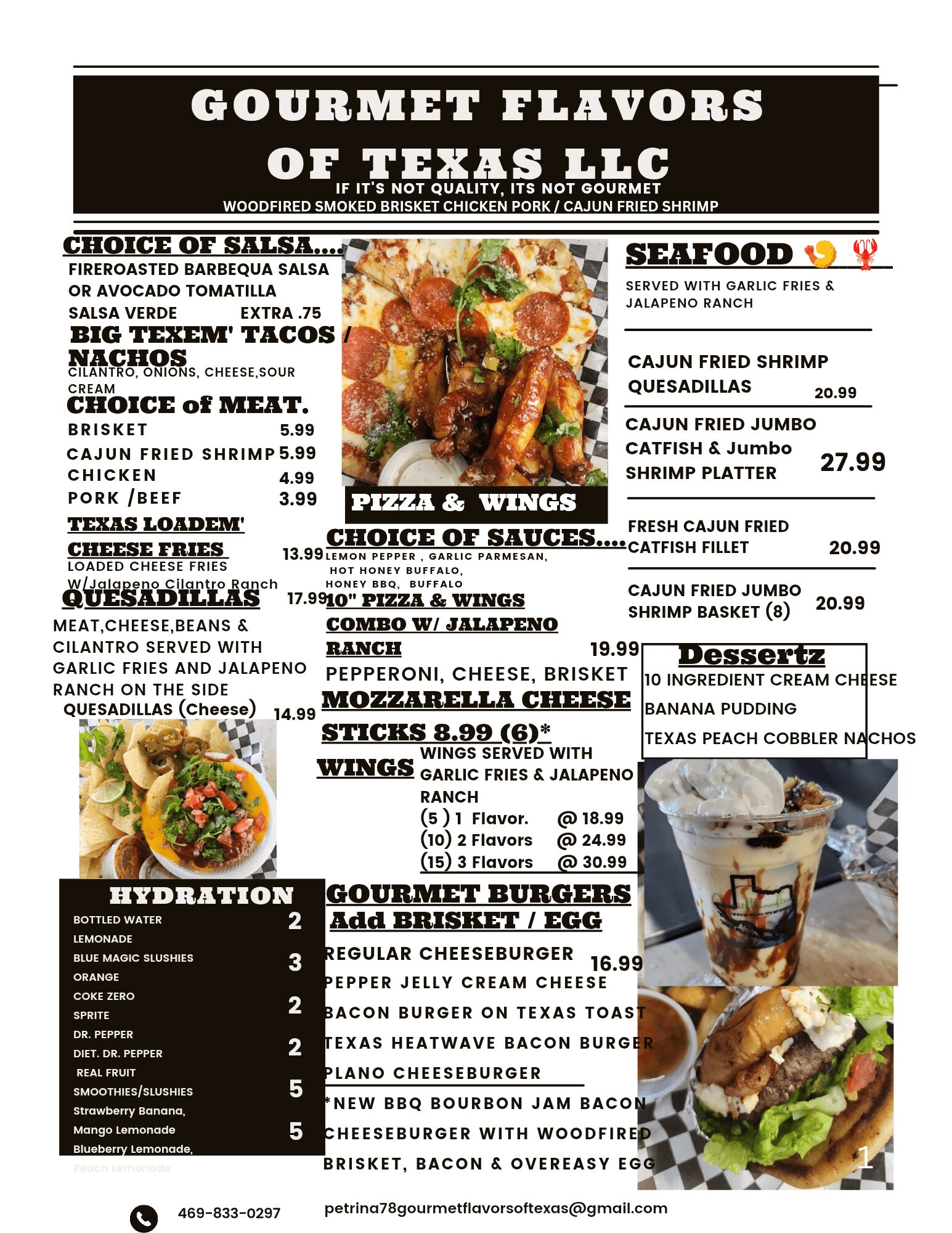 Menu with various food categories including seafood, pizza, wings, desserts, and drinks, with prices listed for each item.