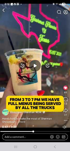 Person holding a drink with a straw, colorful background, and neon sign, with a yellow banner about menu service from 3 to 7 pm.