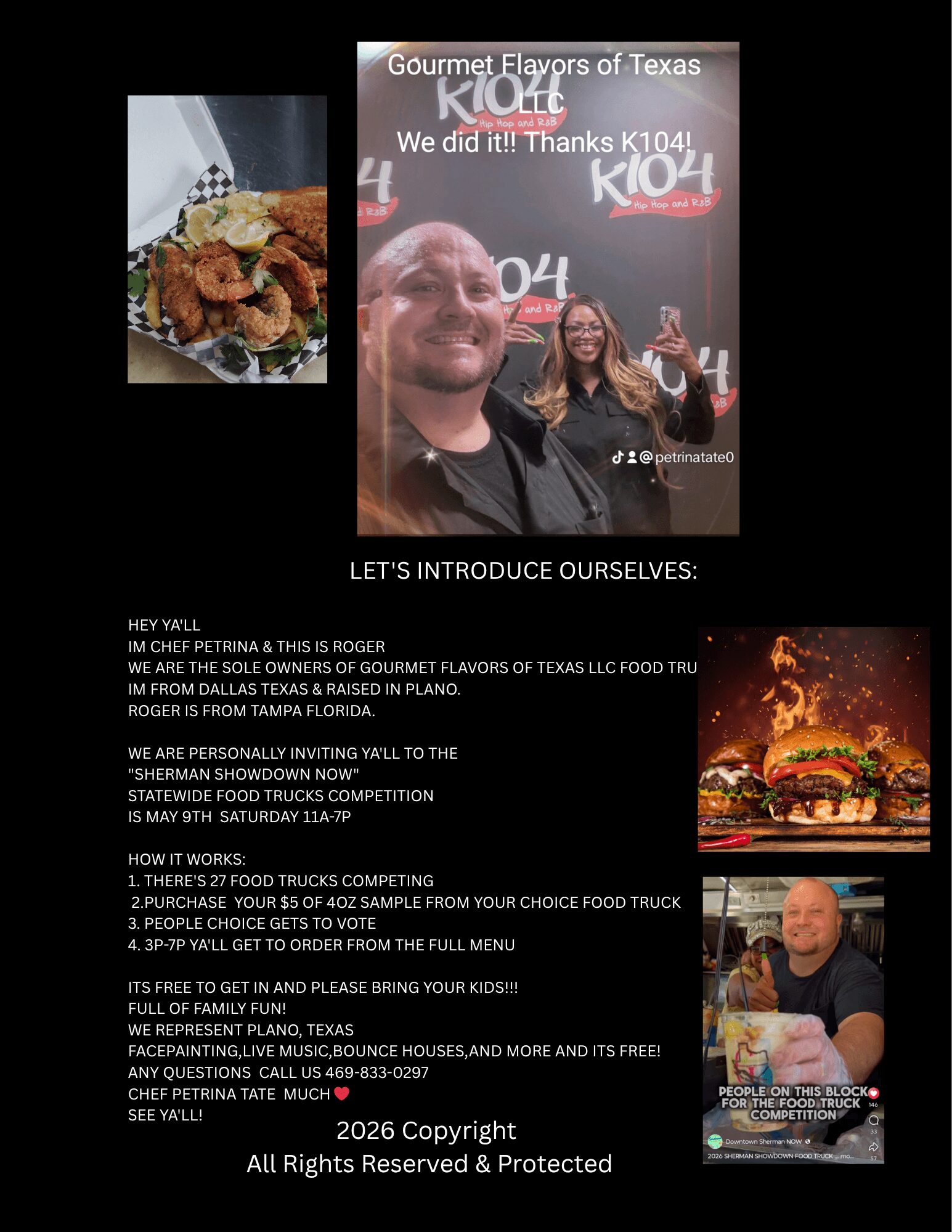 Group of people at a food event, smiling and posing, with a burger and a food truck in the background. Text describes event details and contest information.