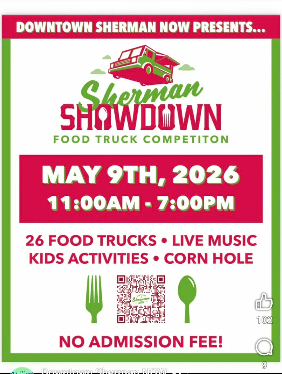 Event poster for Sherman Showdown food truck competition on May 9th, 2026, from 11 am to 7 pm, with food trucks, music, kids activities, and no admission fee.