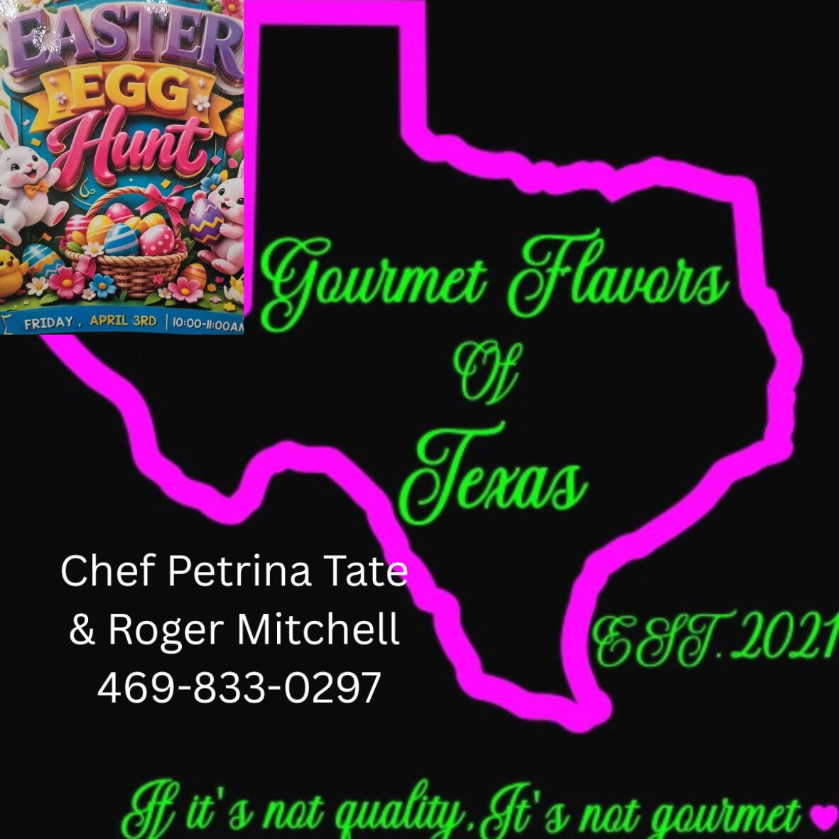 Easter Egg Hunt poster with Texas outline, green text, and event details, including date and contact information.