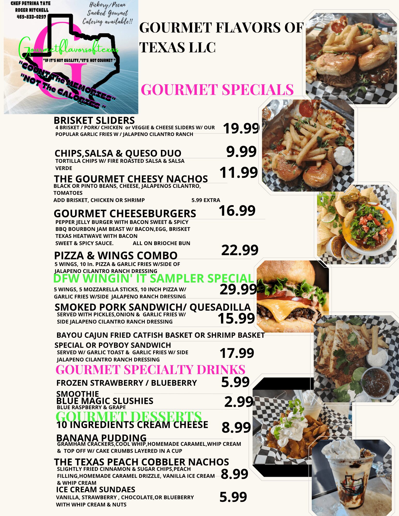 Menu with food items and prices, including sliders, nachos, cheeseburgers, pizza, and desserts, with colorful headings and images.