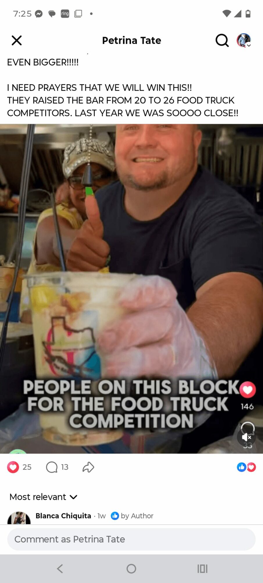 Person smiling with food and drink, text about food truck competition, background shows outdoor setting.