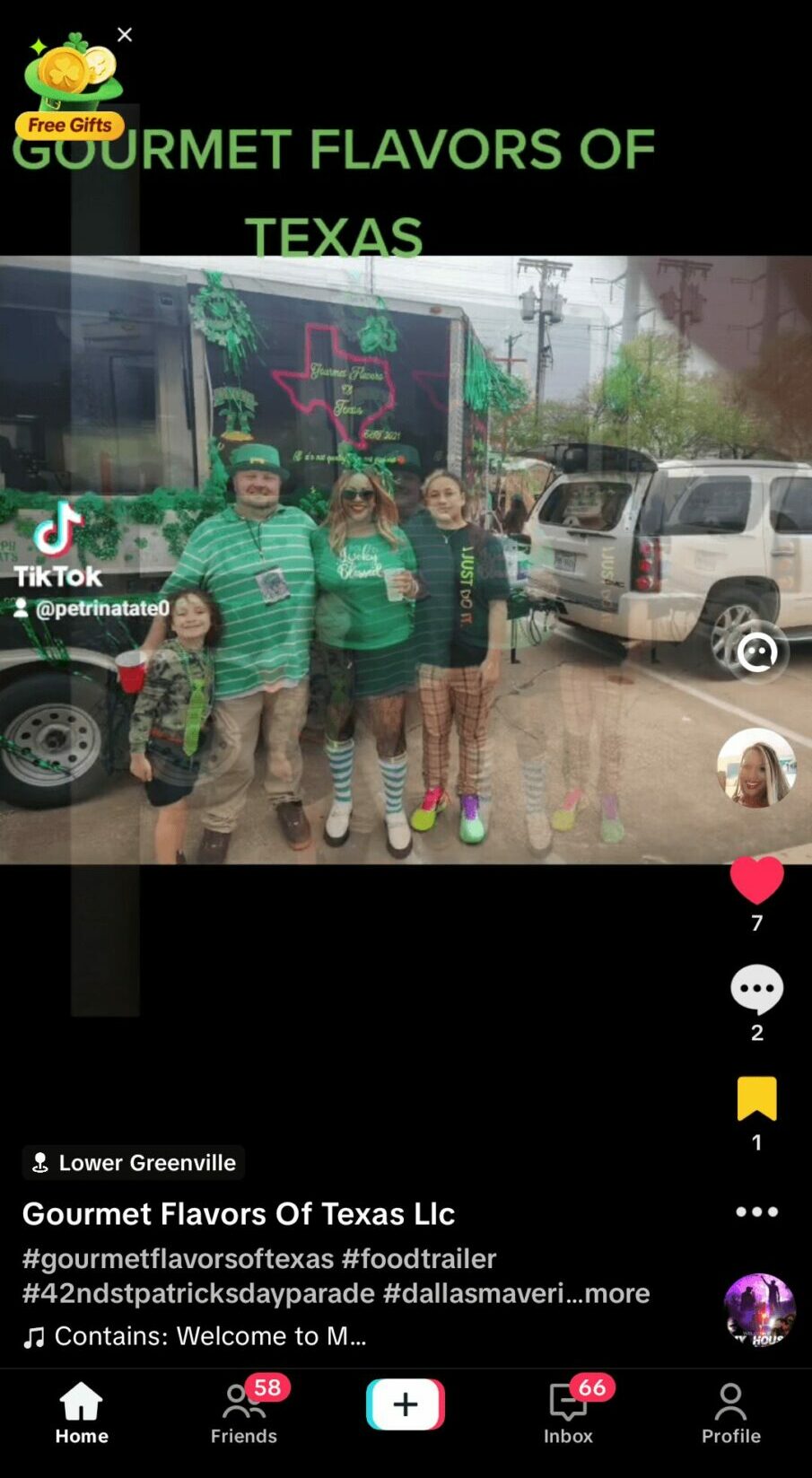 Four people stand in front of a food truck with a sign that reads 'Gourmet Flavors of Texas.'