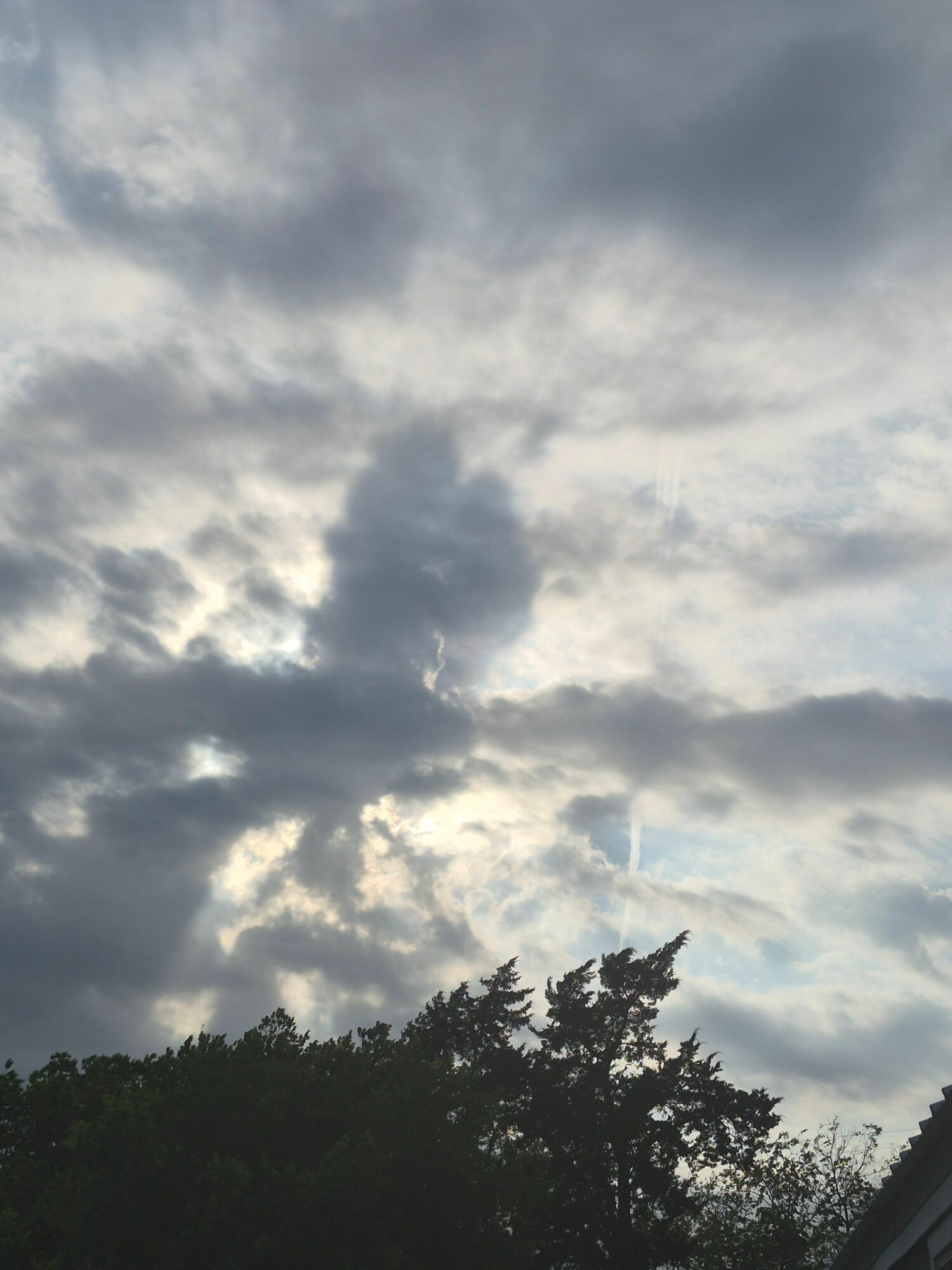 Cloudy sky with some sunlight breaking through, and a silhouette of trees on the right side.