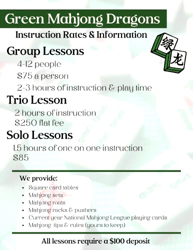 Flyer for Green Mahjong Dragons offers group, trio, and solo lessons with prices and details, plus provided materials list.