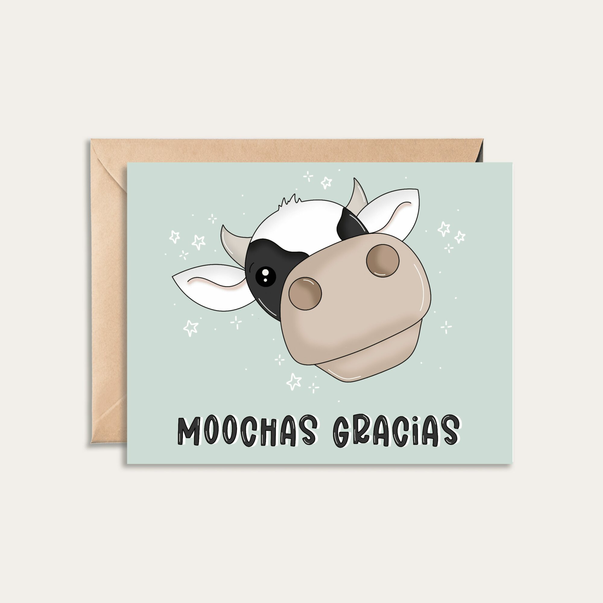 Cartoon cow with large eyes and a big nose, thank you message, light blue background, small stars, and sparkles, greeting card.