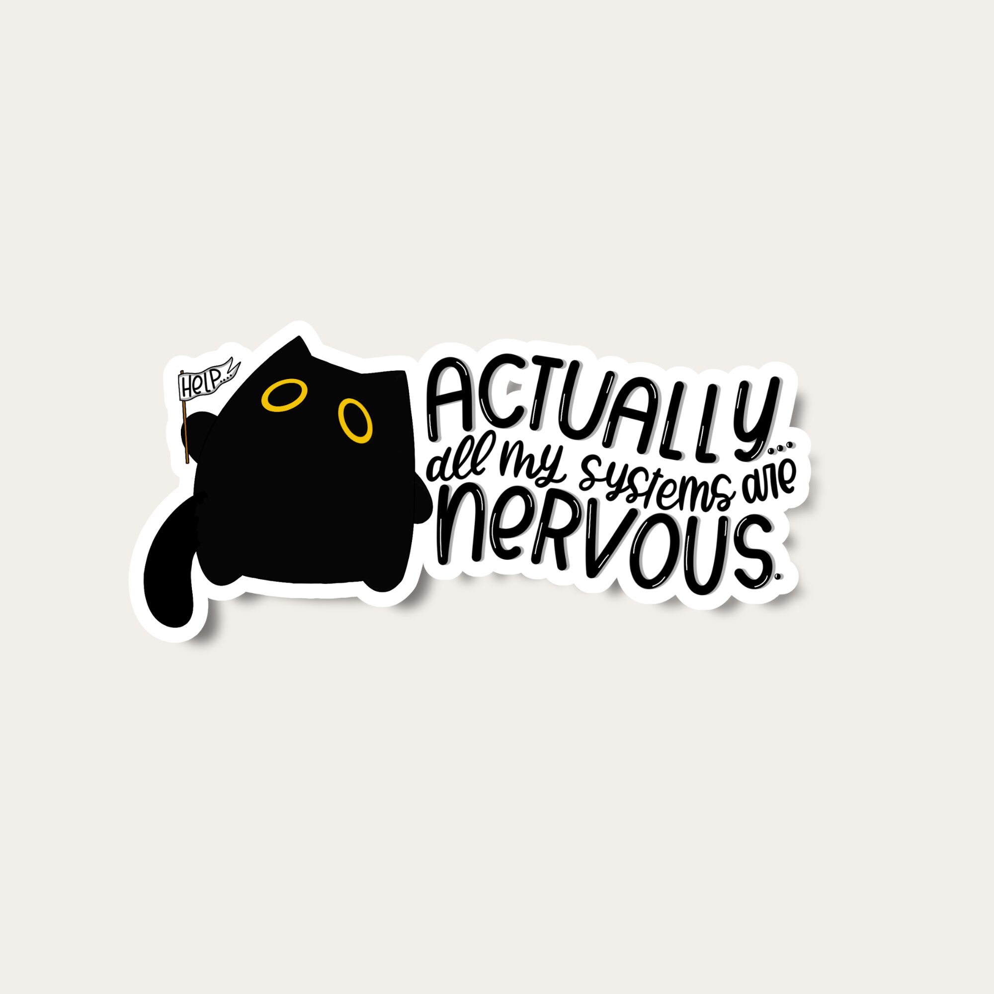 Black cartoon cat with yellow eyes and a speech bubble, with text about nervousness, on a light background.
