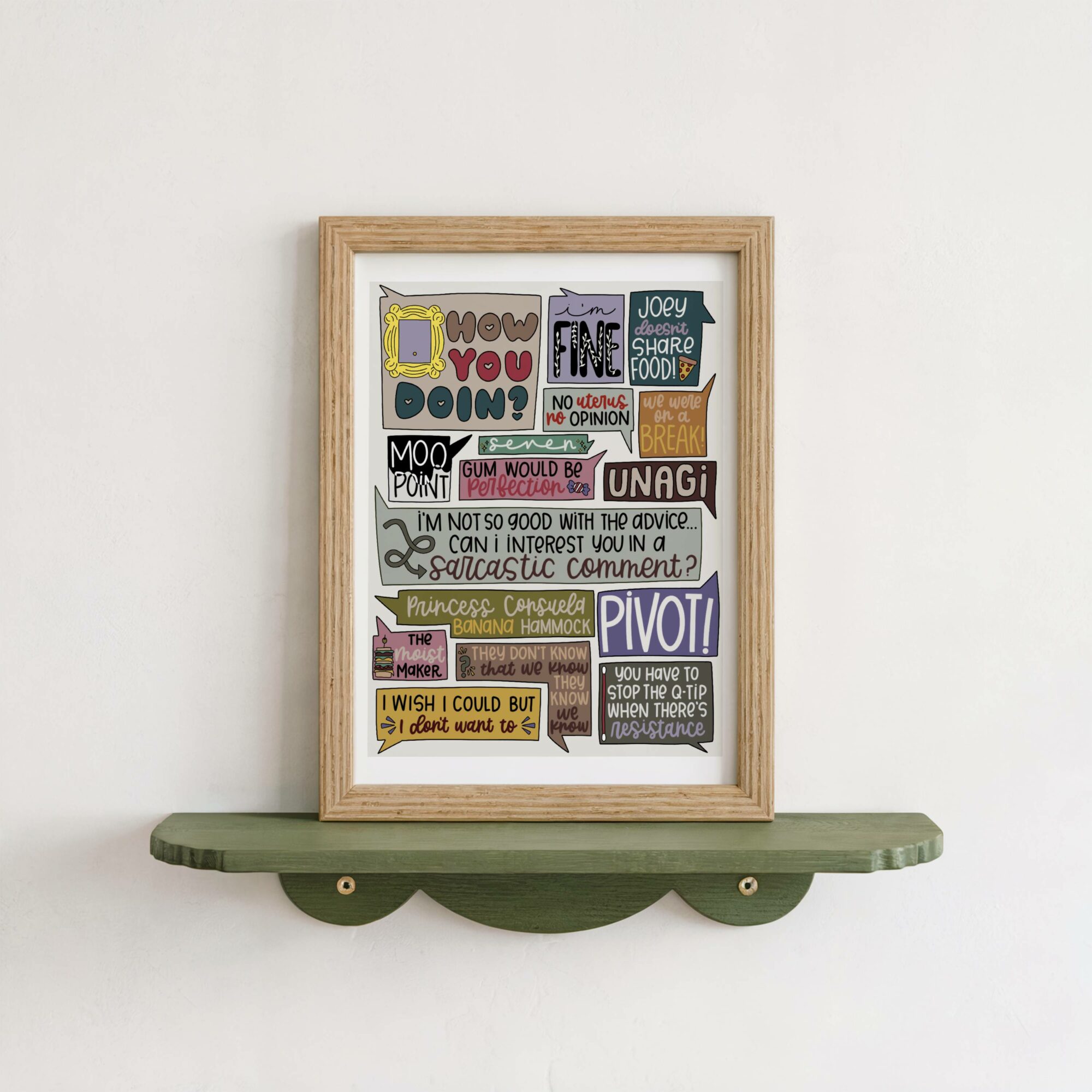 Framed colorful collage of handwritten notes and doodles on a white background, hanging above a green shelf.