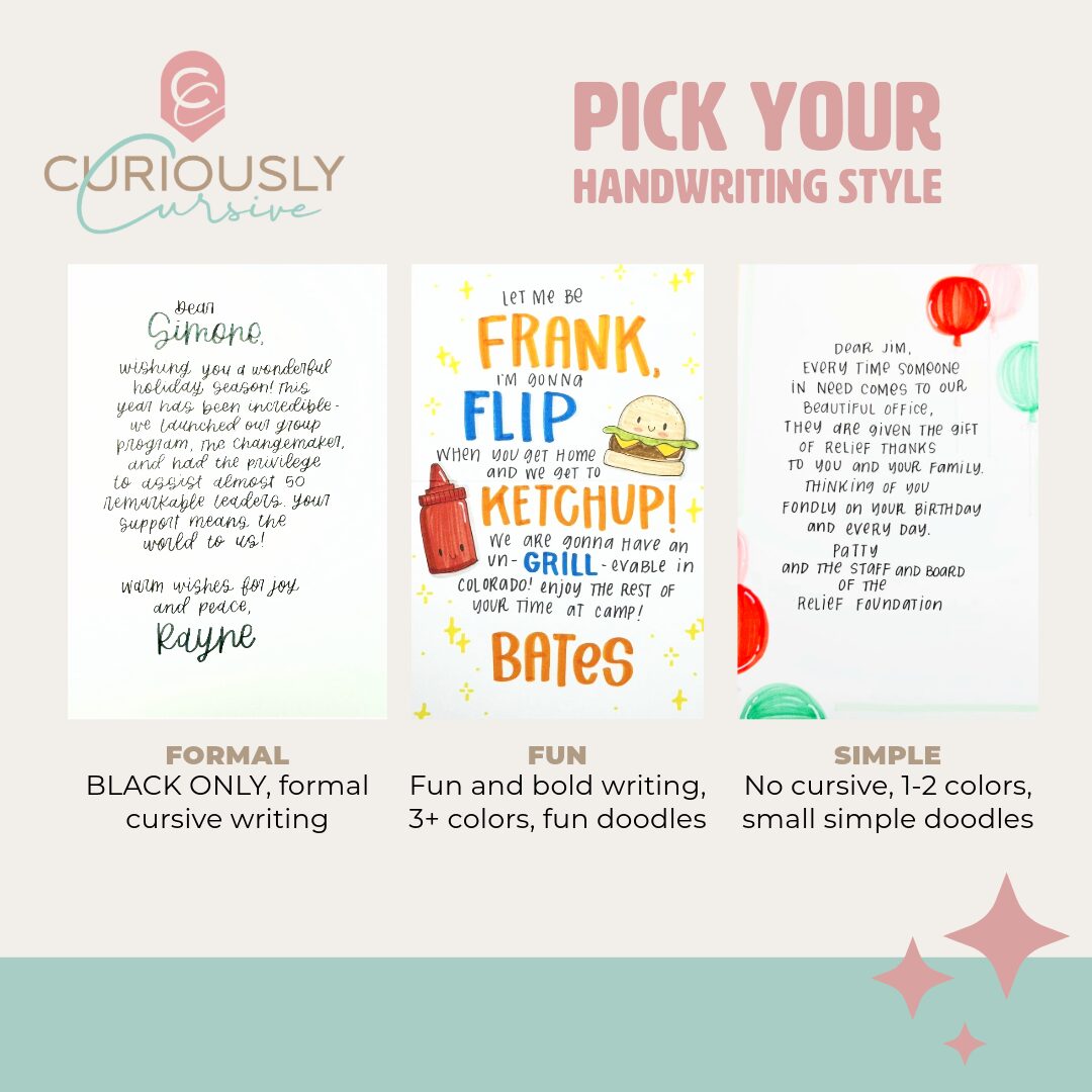 Image showing handwriting style options: formal, fun, simple, with examples and descriptions.