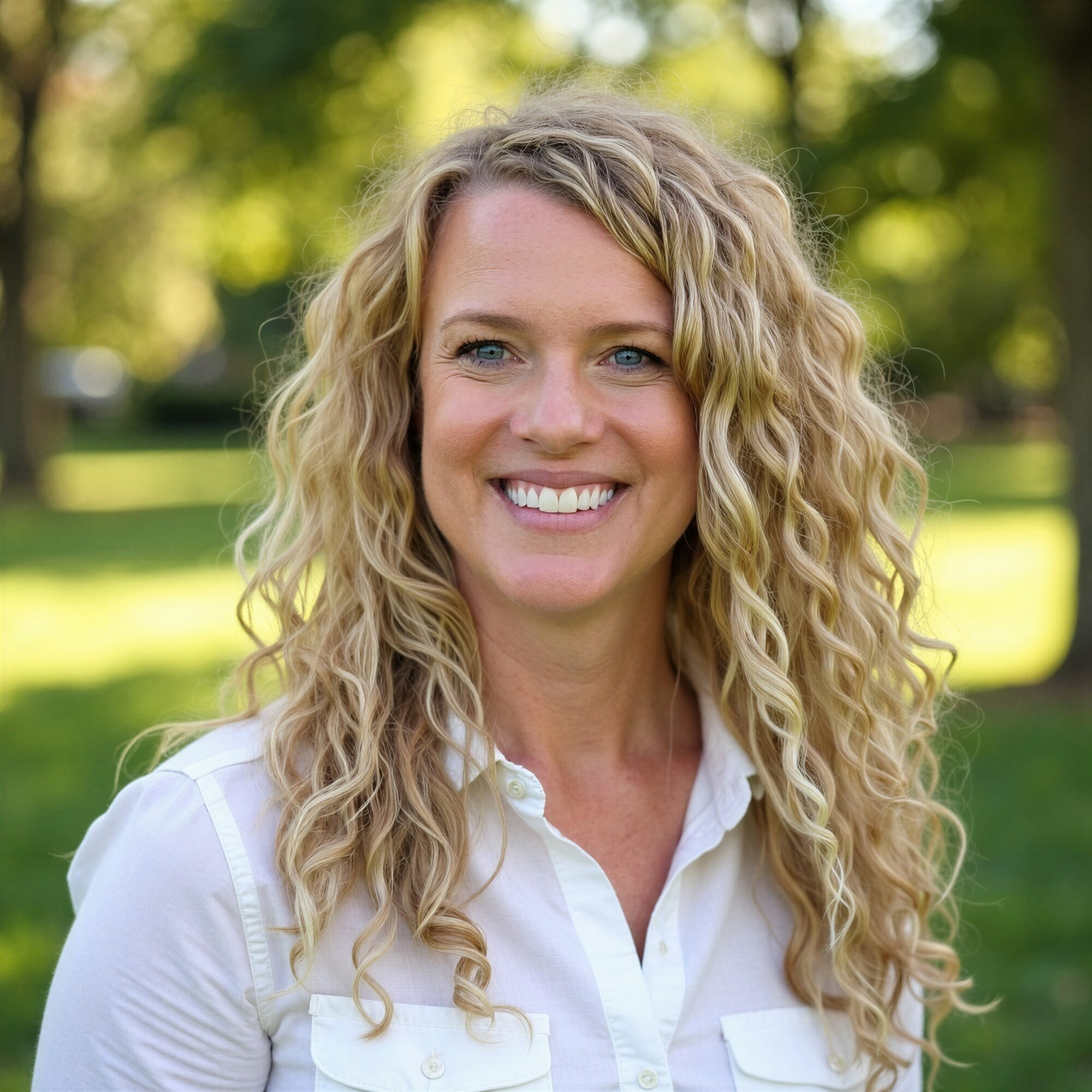 Woman with curly blonde hair smiling outdoors in a park, wearing a white shirt.