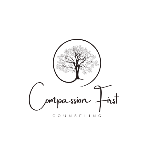 Logo with a tree inside a circle, text 'Compassion First Counseling' below, on a white background.