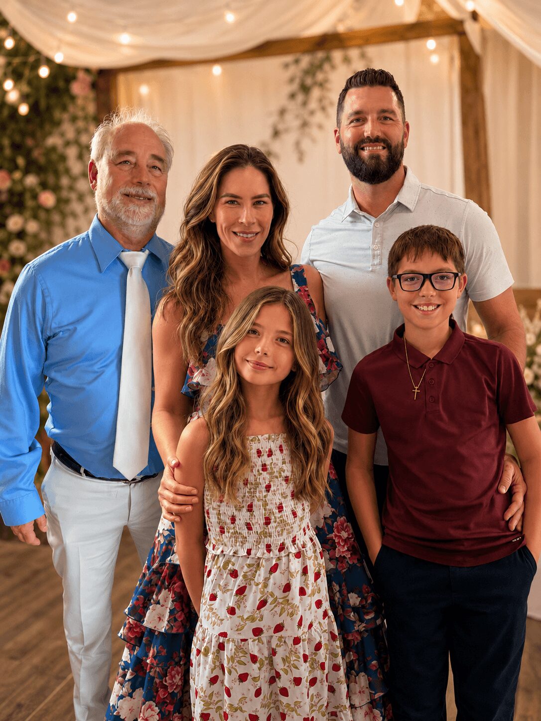 Group of six people, three adults and three children, smiling indoors with warm lighting and decorated background.