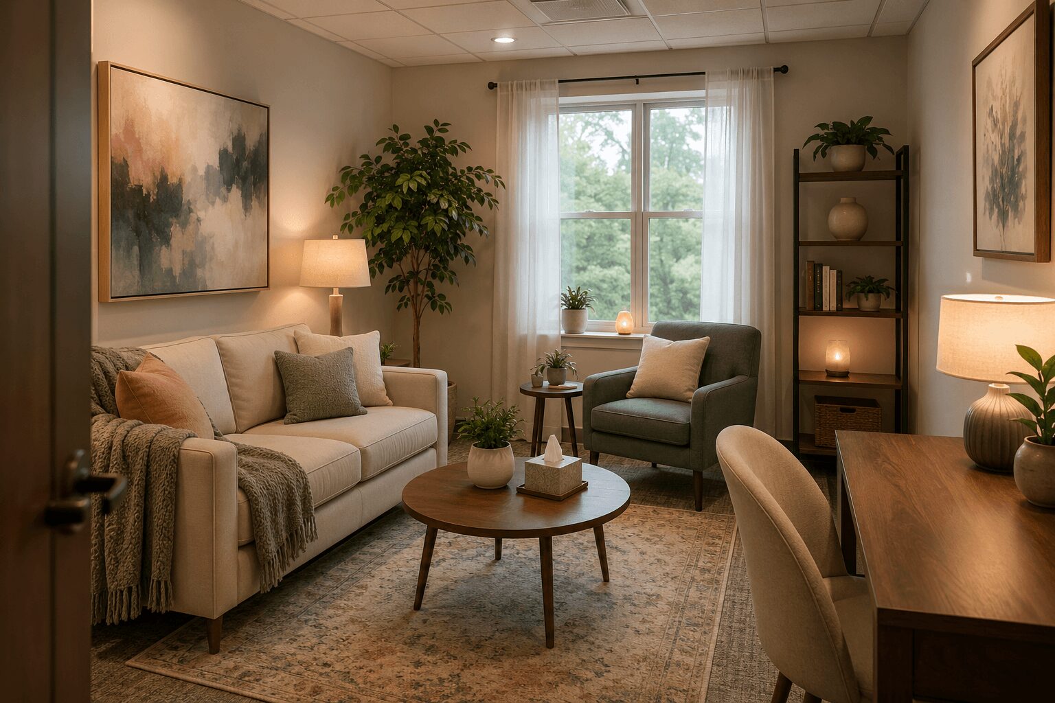 Living room with sofa, armchair, coffee table, bookshelf, and window with curtains, decorated with plants and artwork.