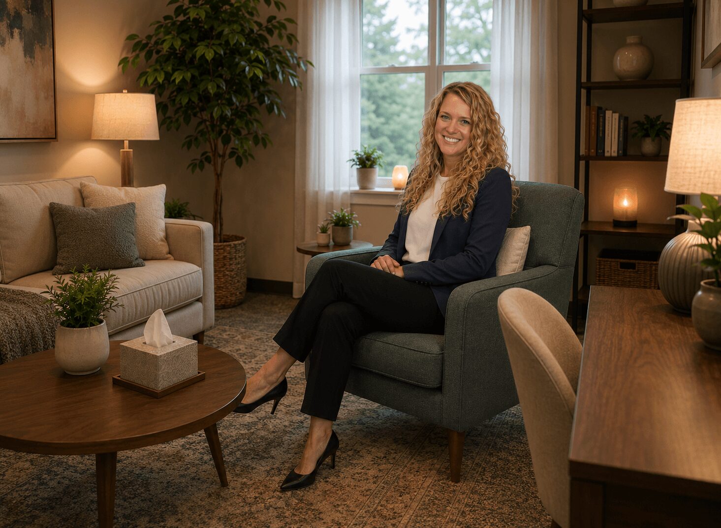 Woman with curly hair sitting on a green armchair in a cozy living room, smiling, with a window and bookshelf behind her.