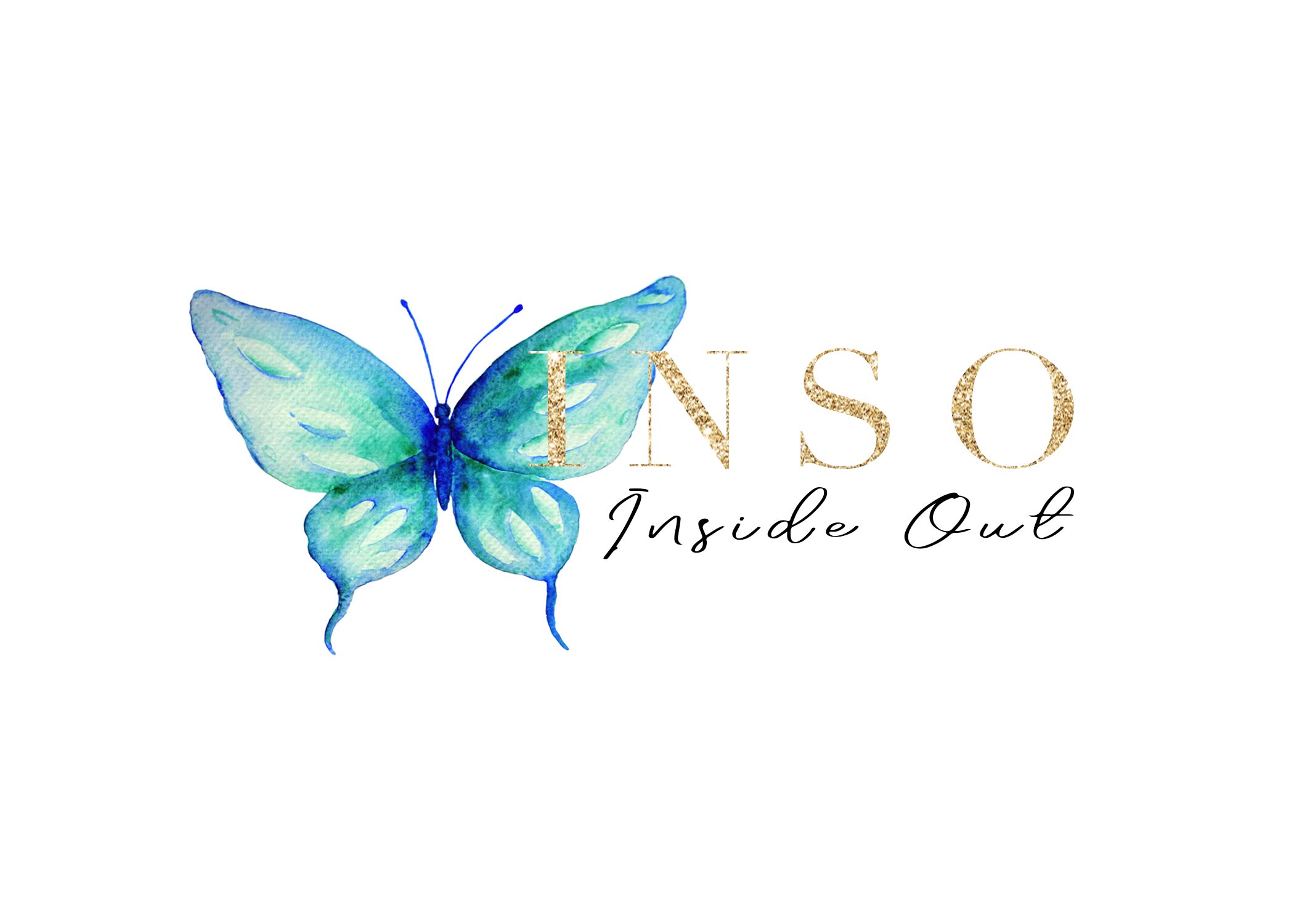 Blue and green butterfly with text 'INSO Inside Out' in gold and black, on white background.