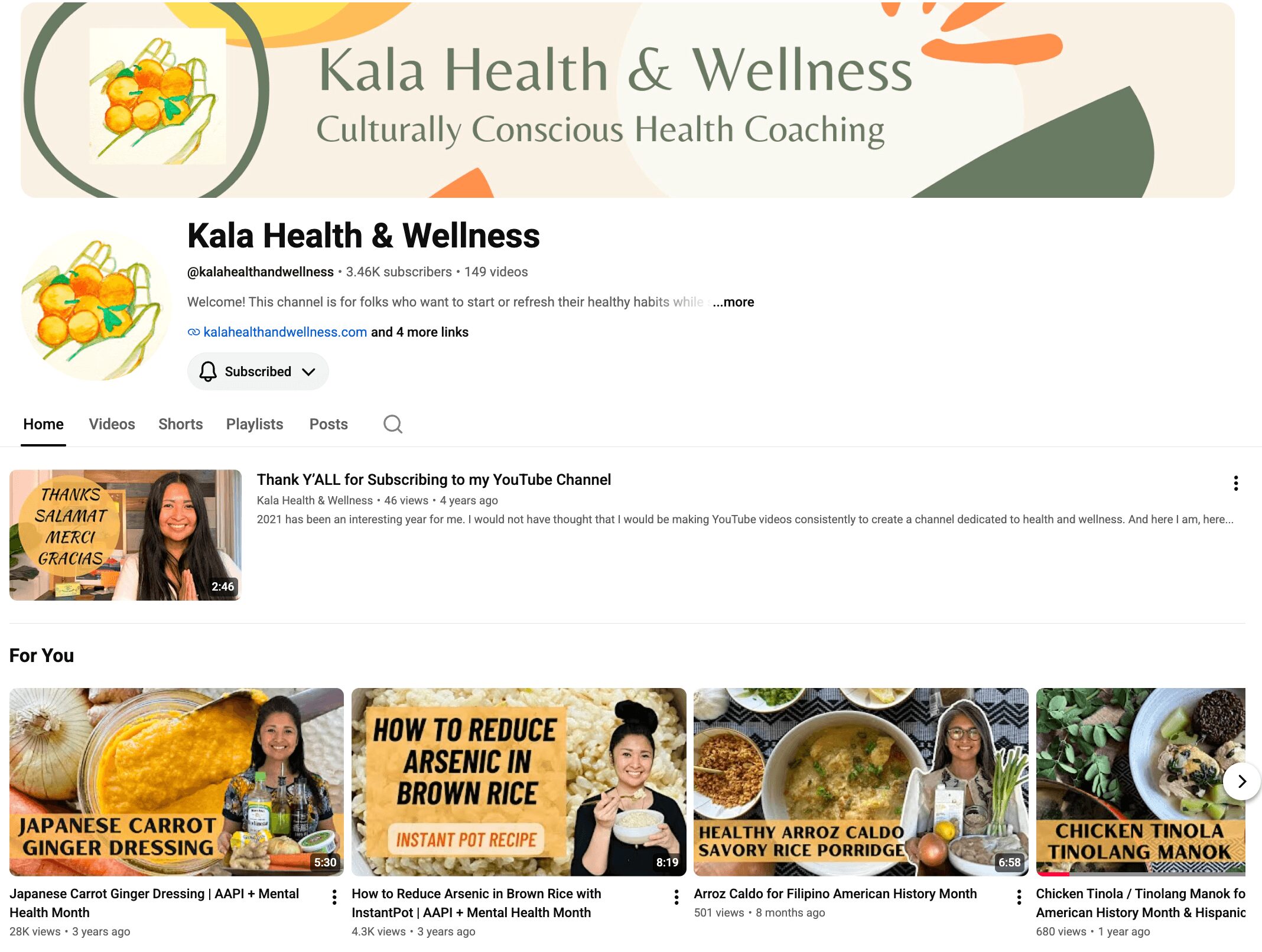 Screenshot of a YouTube channel page for Kala Health & Wellness, featuring a logo, channel name, and video thumbnails.