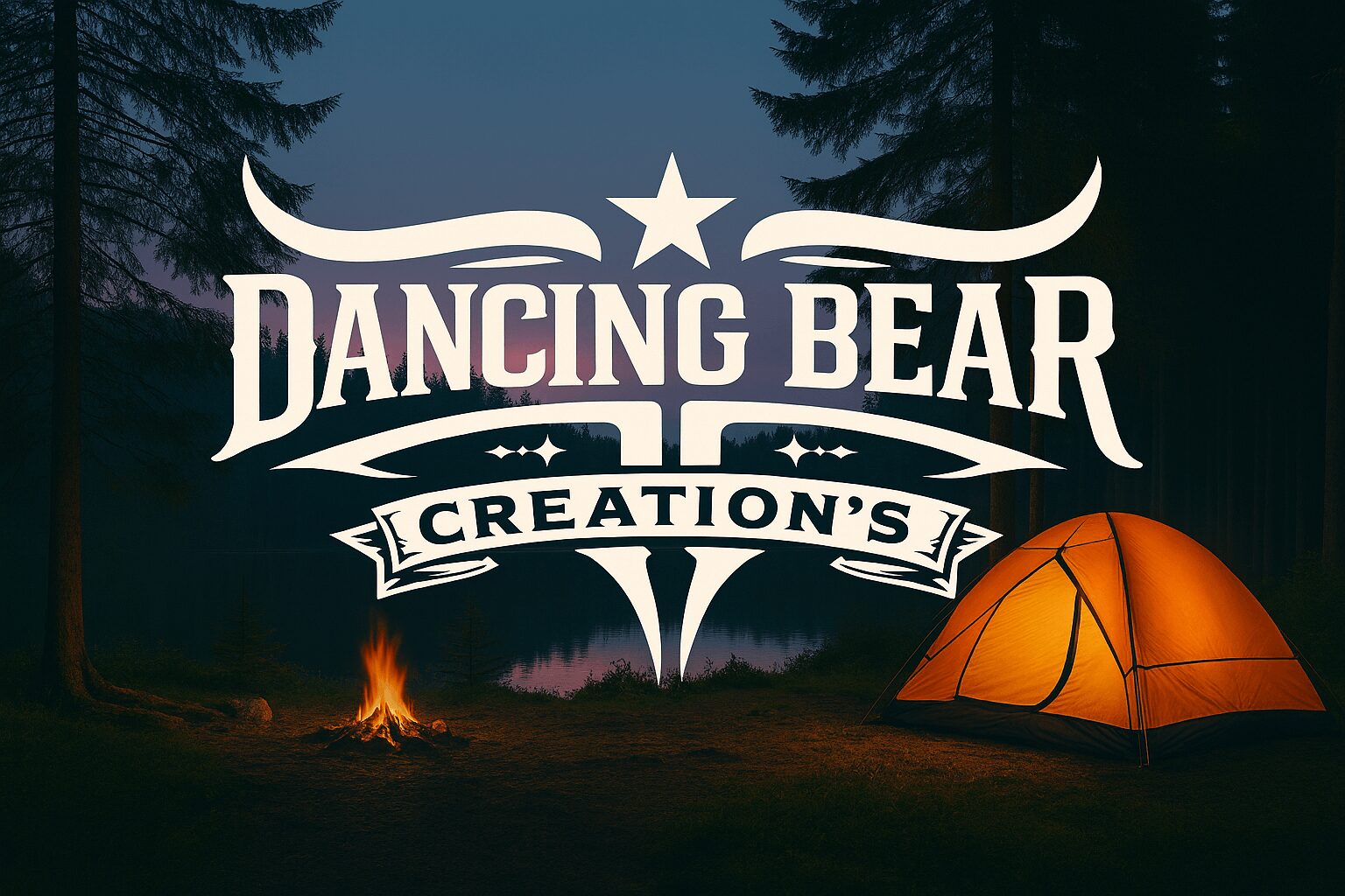 Nighttime outdoor scene with a tent, campfire, trees, and a starry sky, featuring the text 'Dancing Bear Creations' in the center.