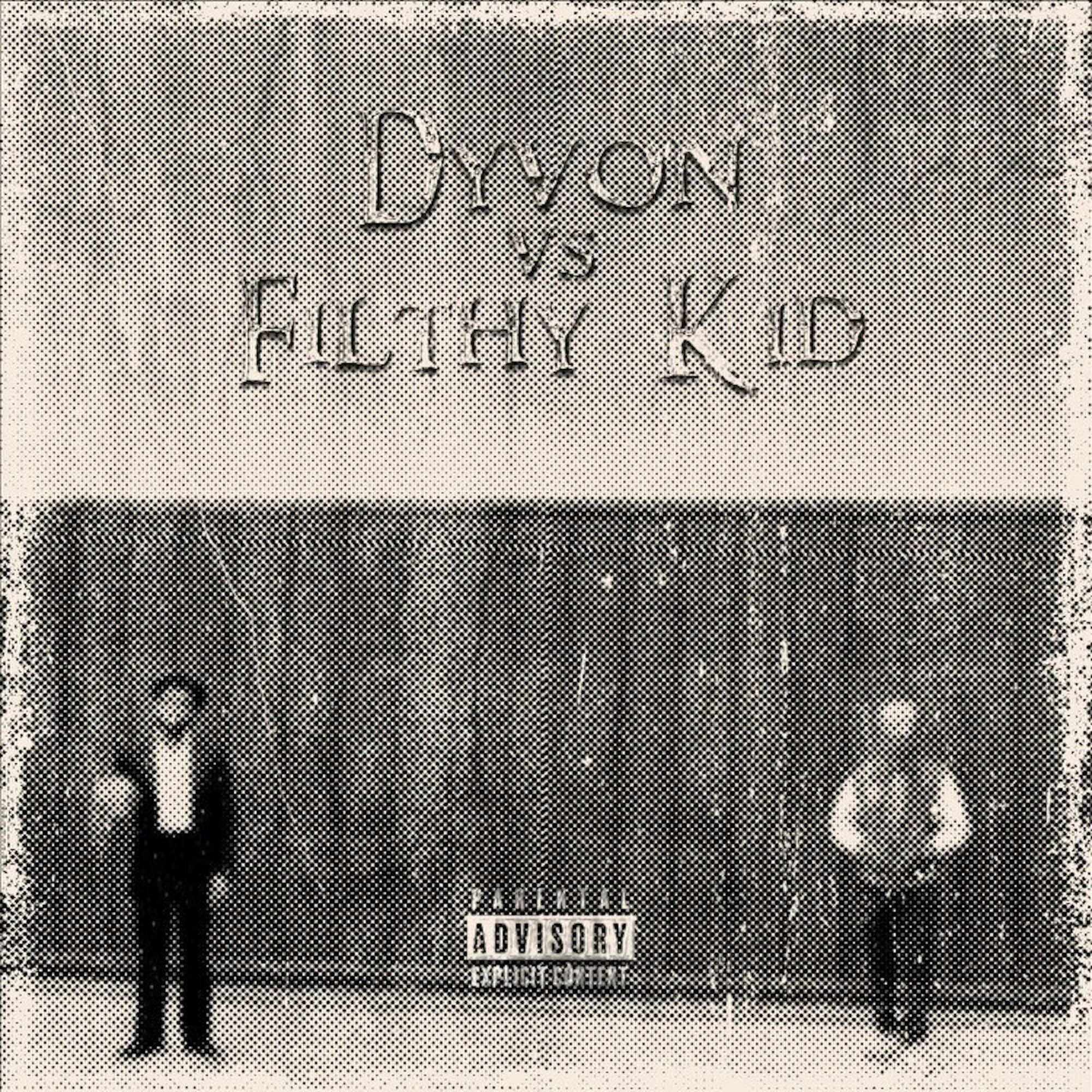 Two children standing in front of a wall with text, one on each side, with a parental advisory label at the bottom.