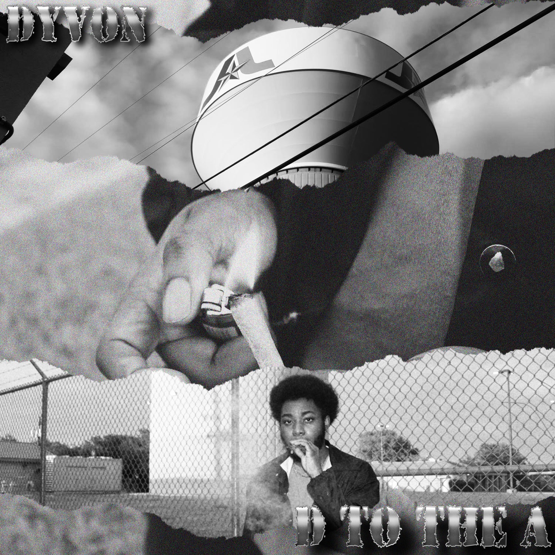 A person with an afro hairstyle stands near a chain-link fence, holding a phone to their ear, with a large satellite dish in the background.