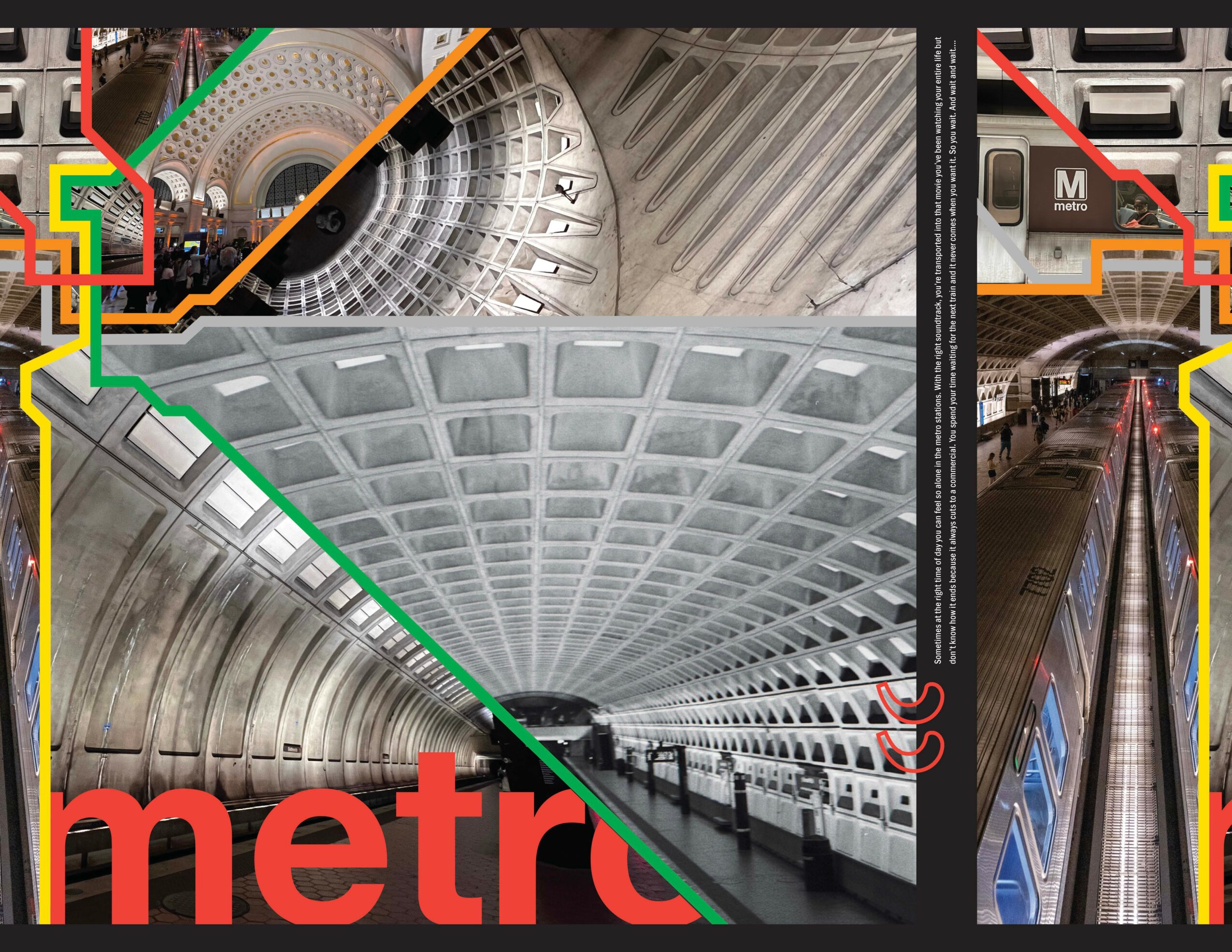 Underground metro station with curved ceiling, platform, and train tracks, with colorful line graphics and the word 'metro' in red.