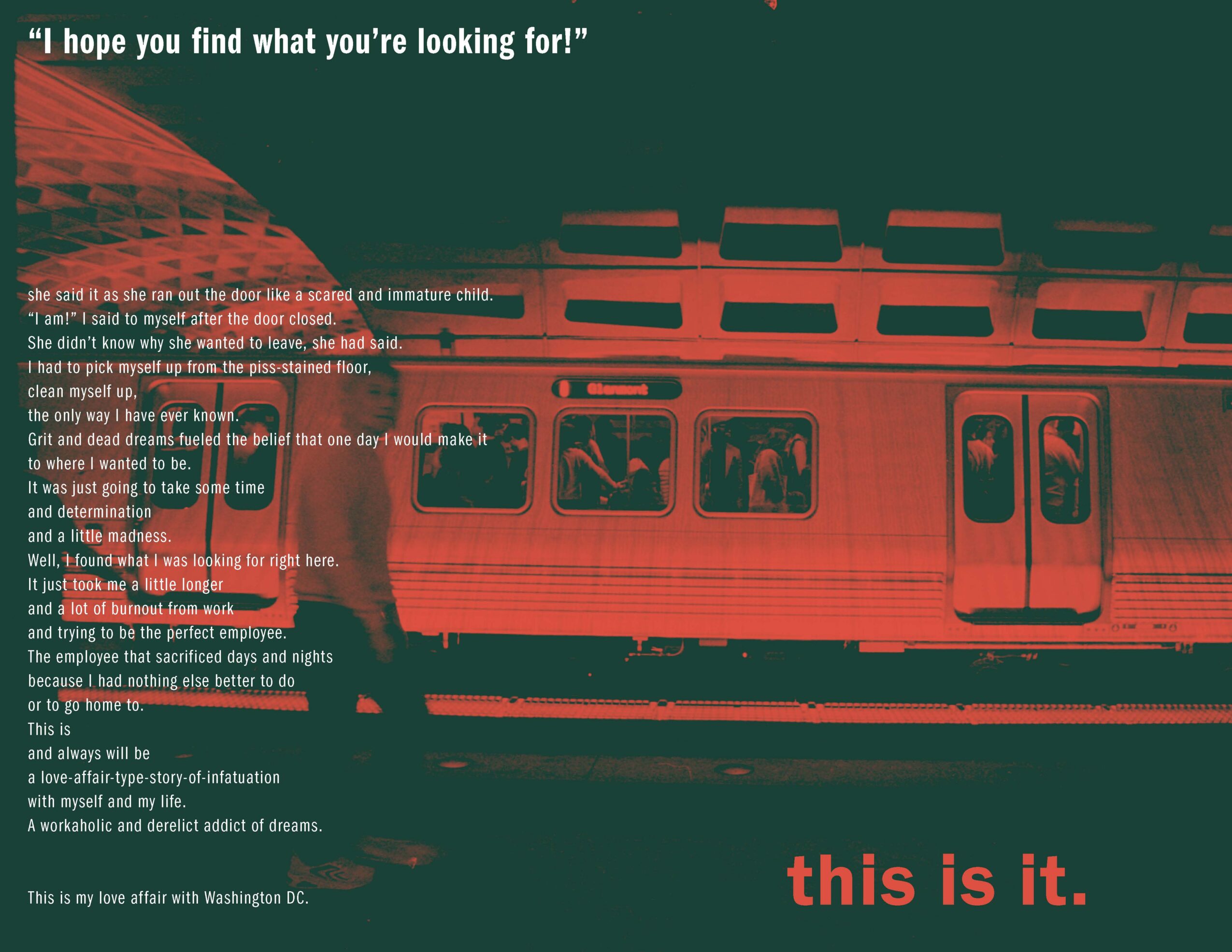 A train with windows and doors, with text overlay including a quote and statement, on a dark background.
