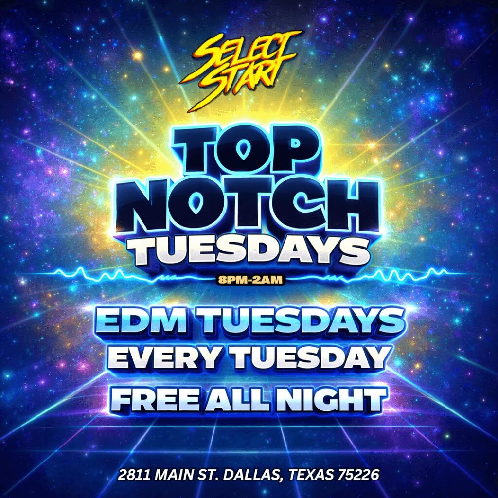 Event poster with colorful starburst background, promoting EDM Tuesdays every Tuesday from 8 PM to 2 AM at a Dallas venue.