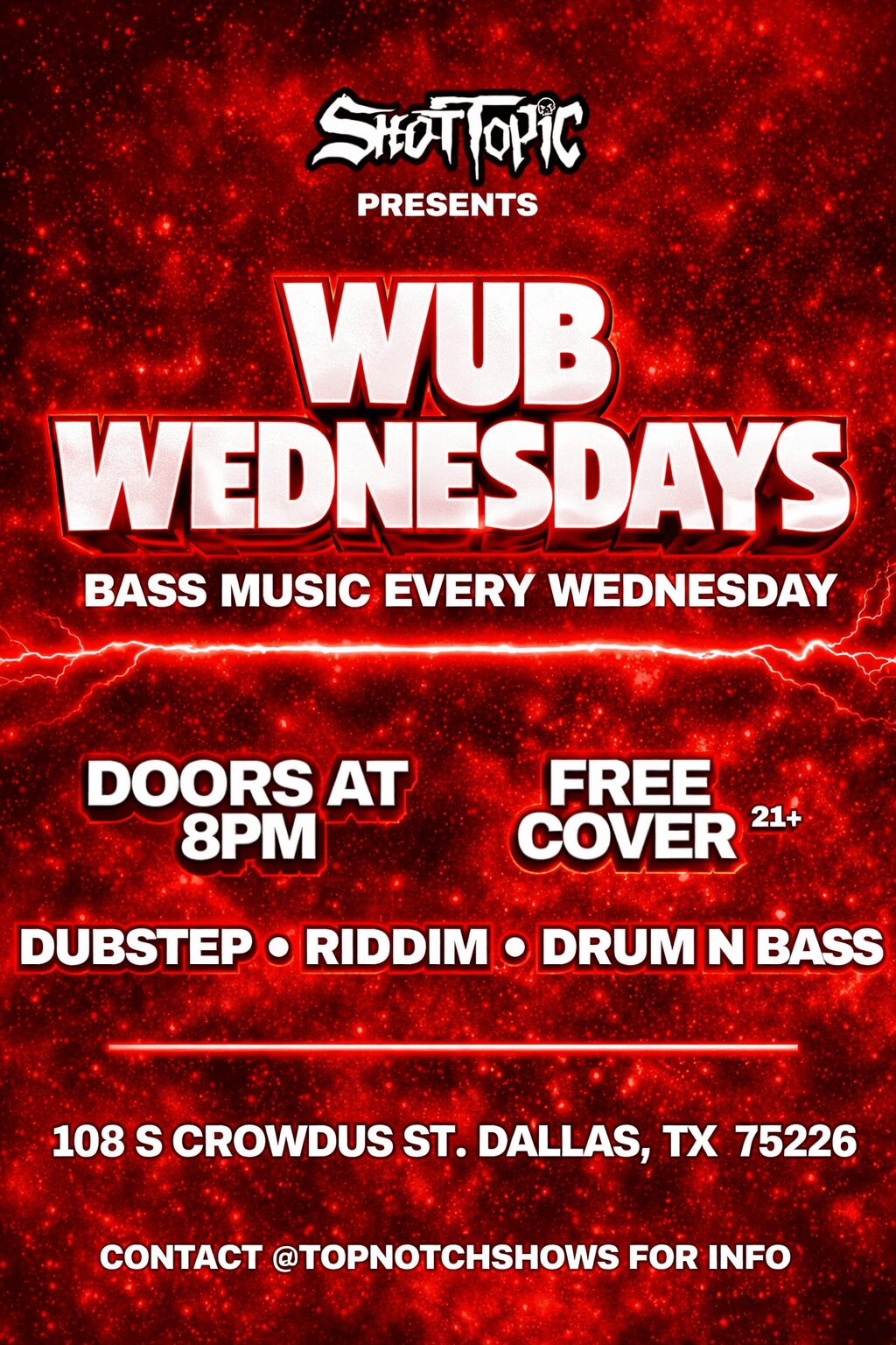 Event poster for WUB Wednesdays with music genres, date, time, location, and contact info.