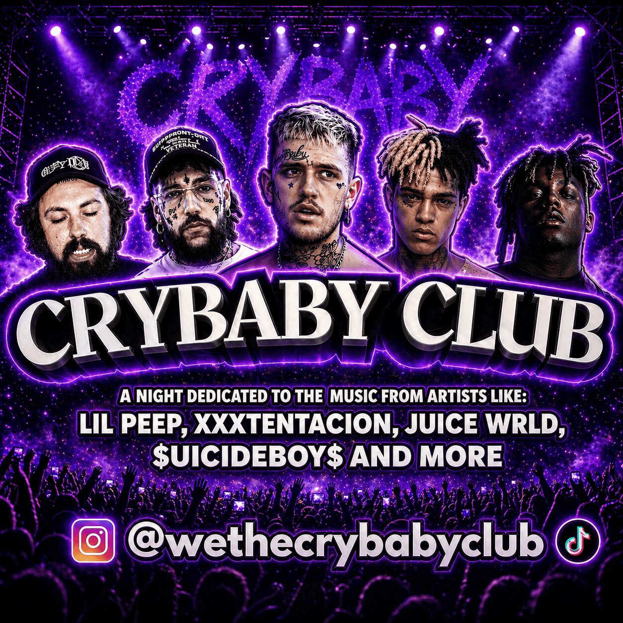 Promotional poster for Crybaby Club featuring five male artists with purple background and text about music event.