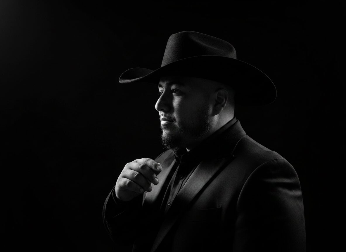 Man in a hat and suit, holding a hand near his collar, in black and white, side profile, dark background.