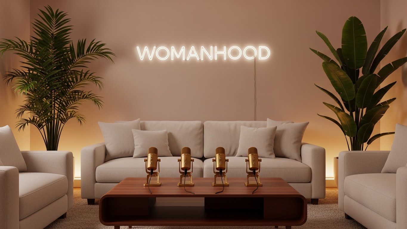 Living room with a sofa, two armchairs, plants, and a sign reading WOMANHOOD on the wall.