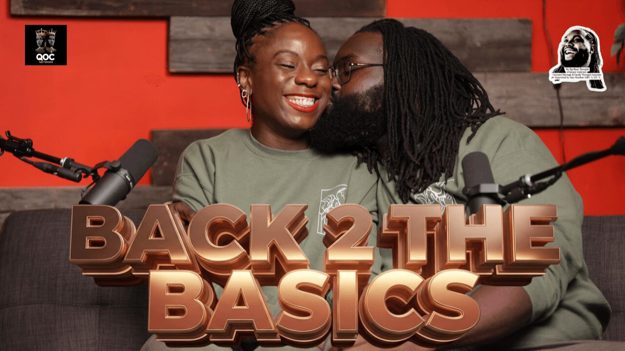 Two people smiling and hugging, with text 'Back 2 the Basics' in front, in a cozy indoor setting.