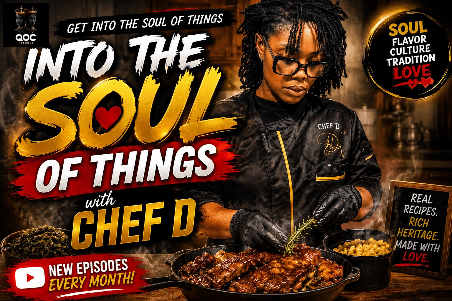 Woman with glasses and dreadlocks cooking in a pan, promotional text for a cooking show, logo, and colorful graphics.
