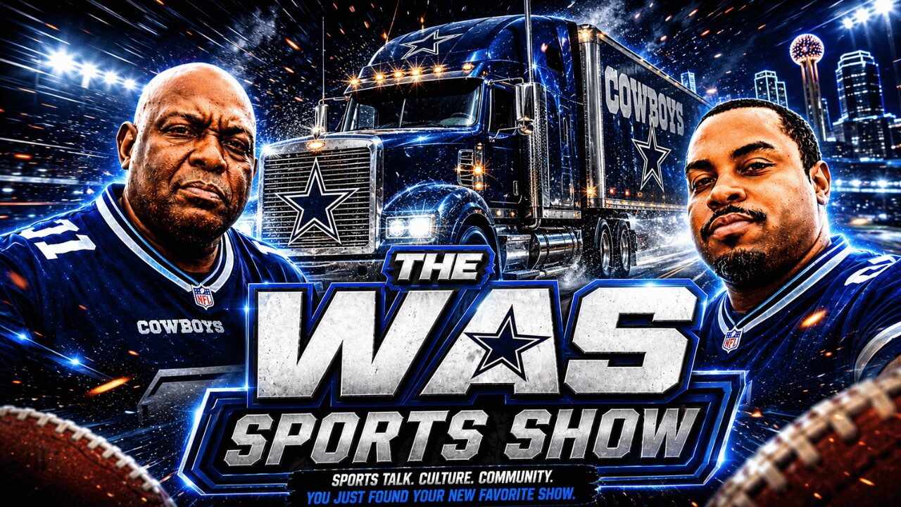 Two men in Dallas Cowboys jerseys in front of a truck with a city skyline background, promoting a sports show.