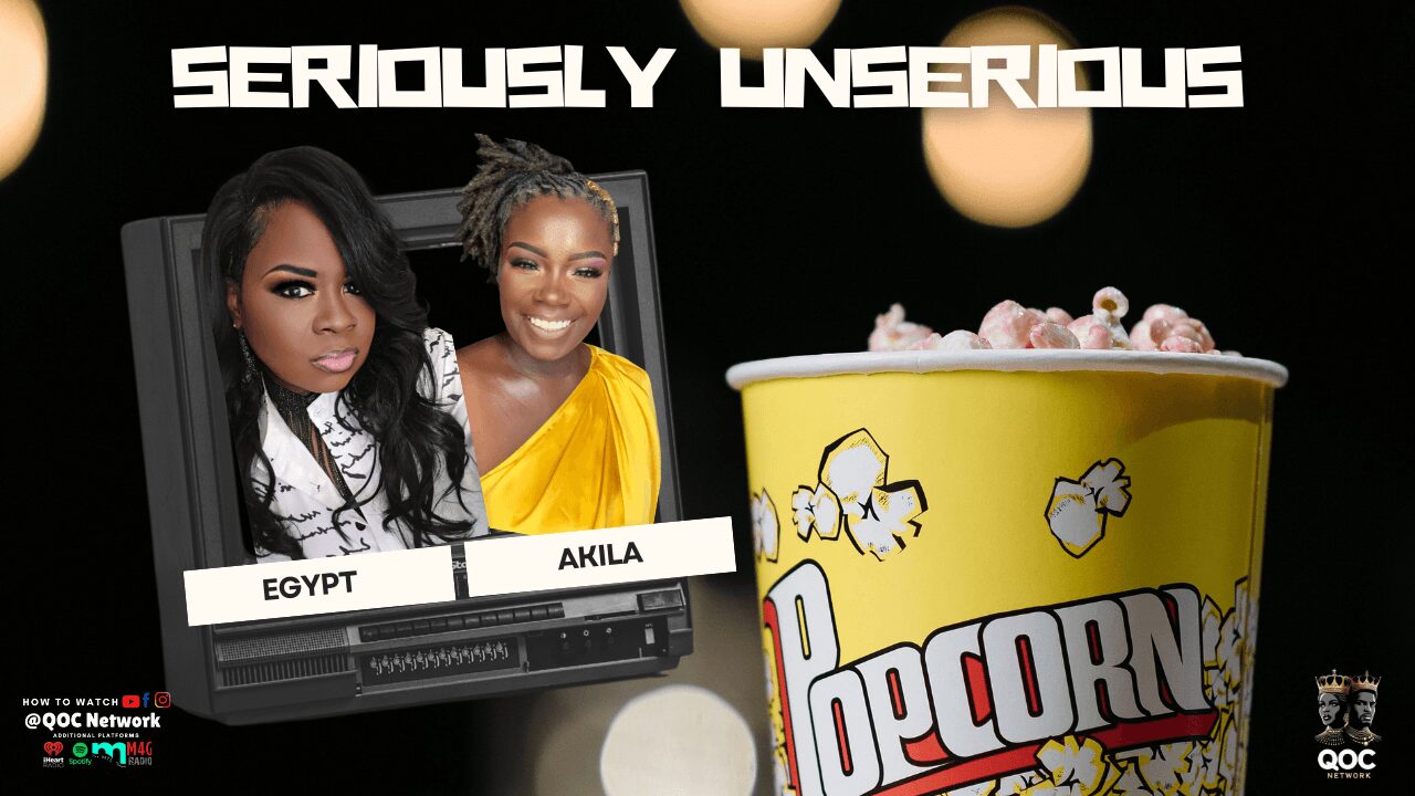 Two women appear on a screen labeled Egypt and Akila, with a large bucket of popcorn in front, against a black background.